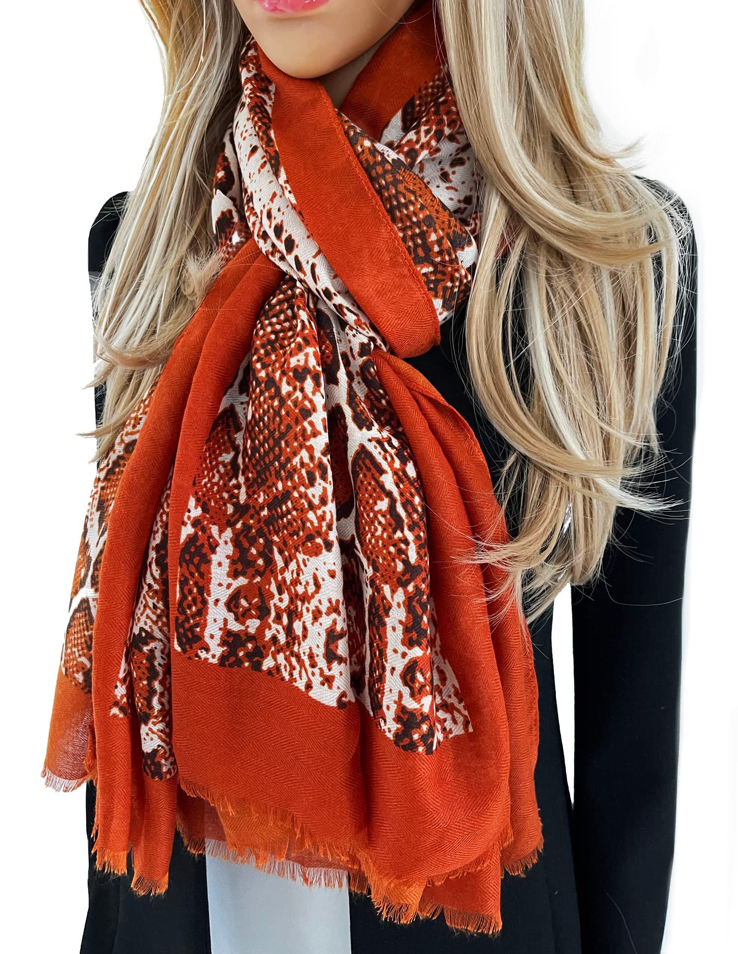 The Accessory Co. Women's Rust Orange Large Snakeskin Scarf For Leopard Print Stripe, Animal Shawl Wrap, Lightweight Scarves, Mustard Yellow Orange Blue Pink Grey (Rust Orange)