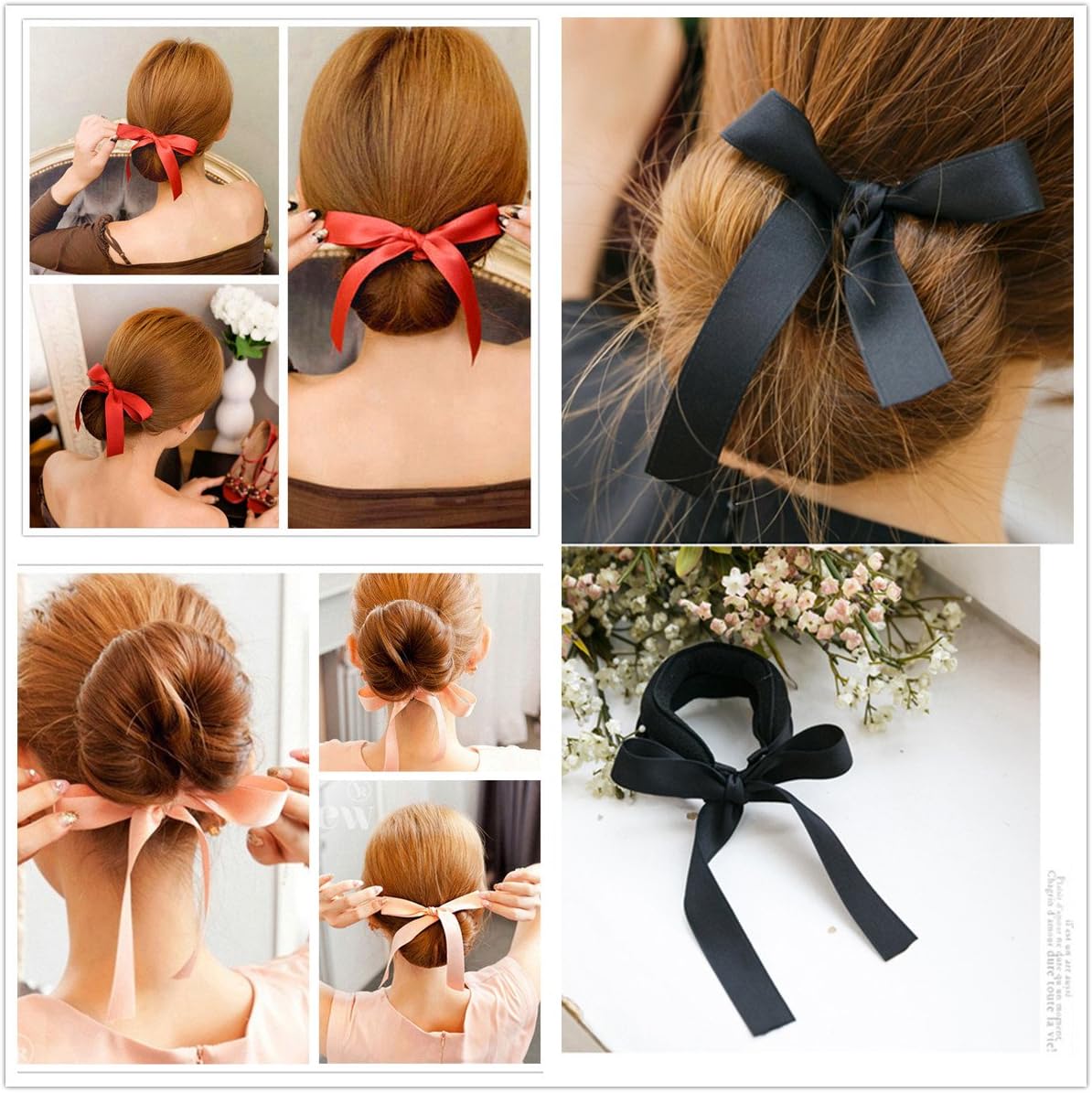 FASCHI 3Pc Colorful Ribbon Magic French Twist Bun Maker Ponytail Holder Roll Rings Donut Updo Chignon Foam Sponge Hair Styler Curler Braid Hairstyle Styling Tool Accessories (red pink black)