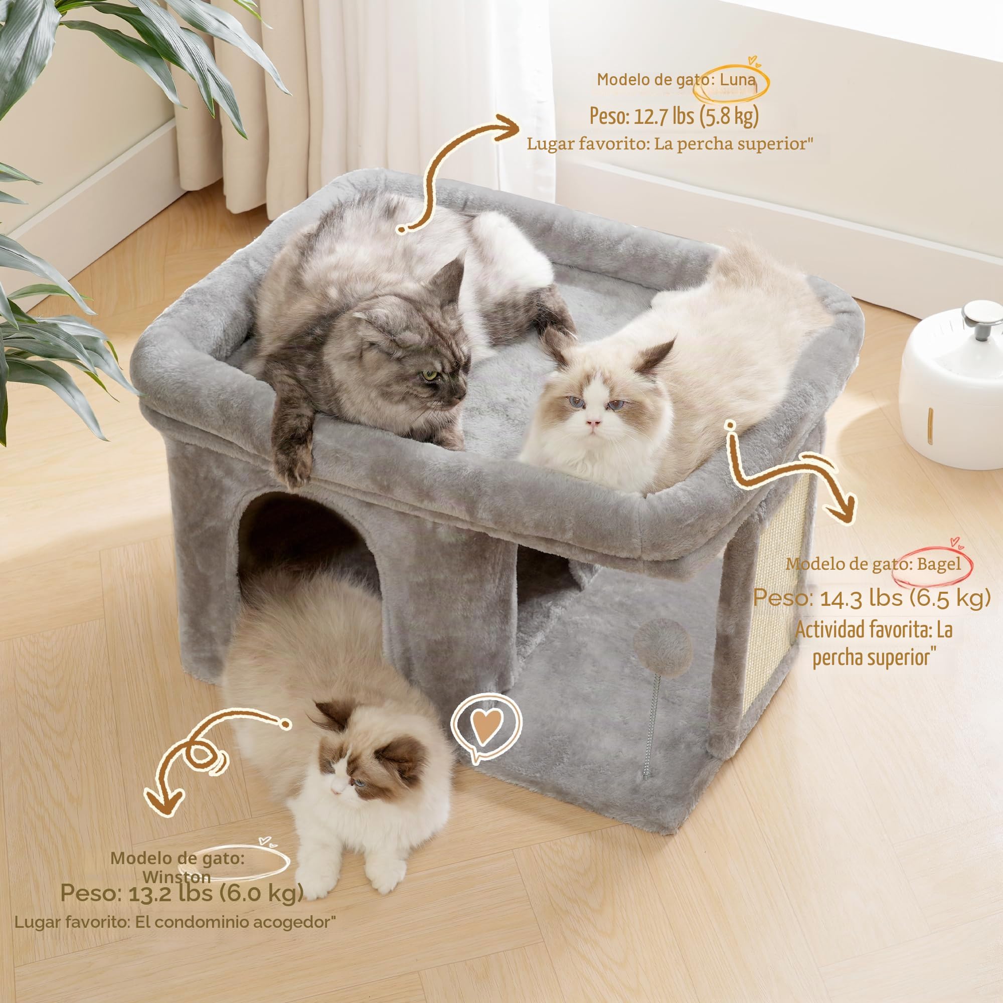 Heybly Rascador para Gatos, Árbol para Gatos de 35 cm con Amplia Plataforma y Acogedora Casita, Adecuado para Gatos Adultos, con Tablero de Sisal y Pelota de Felpa, Gris Claro HCT203SW