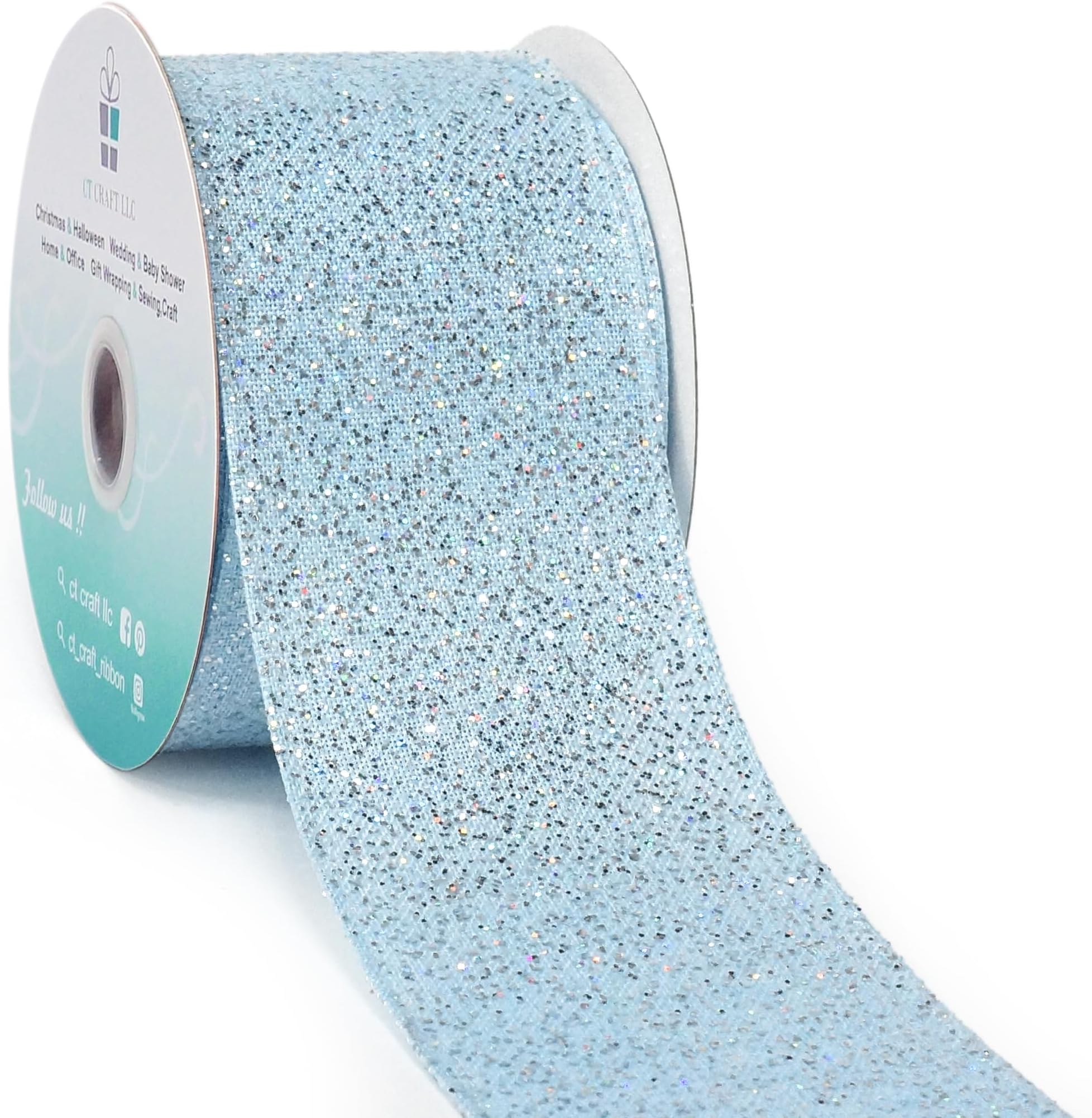 CT CRAFT LLC Sparking Silver Glitter Wired Ribbon 2.5" x 10 Yards Blue/Silver for Christmas Home Decor Bow Gift Wrapping DIY Crafts Wreath