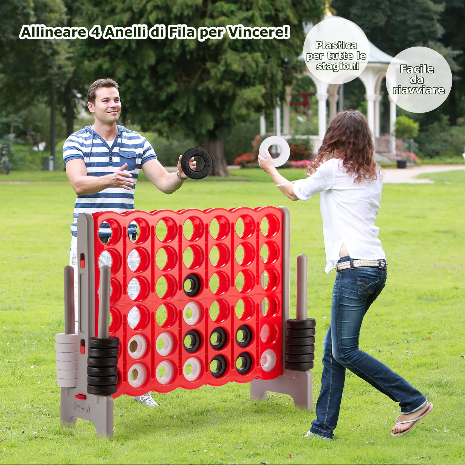 COSTWAY Forza 4 Gigante da Interno ed Esterno, Forza Quattro per Bambini e Adulti con 42 Anelli Giganti e Dispositivo di Scorrimento a Sgancio Rapido, Perfetto per Feste e Vacanze