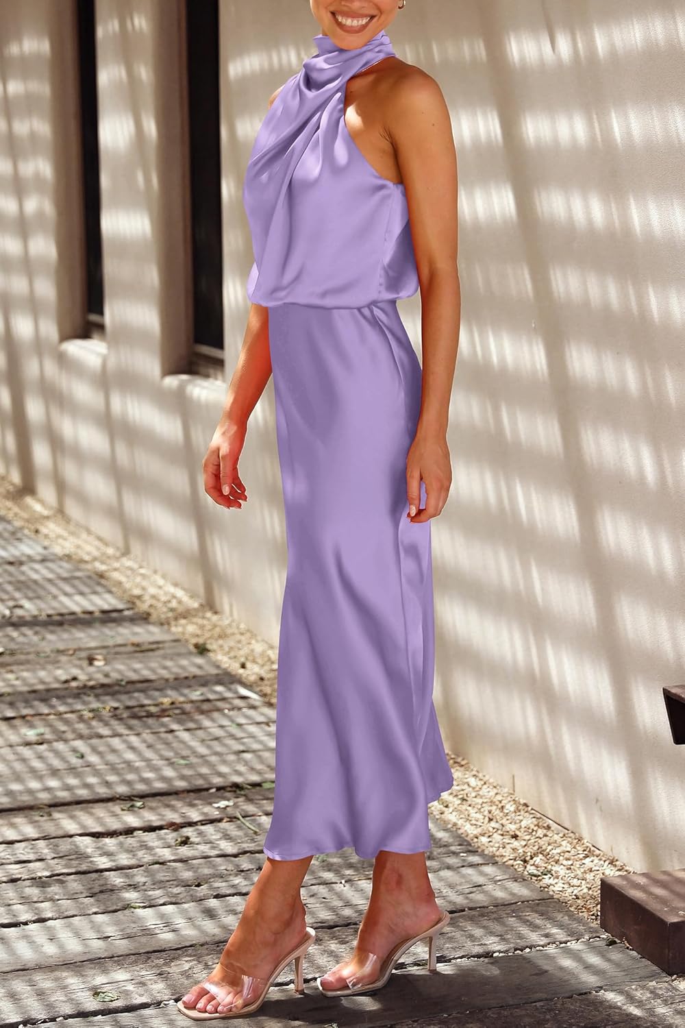 PRETTYGARDEN Women's 2026 Summer Satin Dress Elegant Sleeveless Mock Neck Cocktail Party Maxi Dresses - Image 7