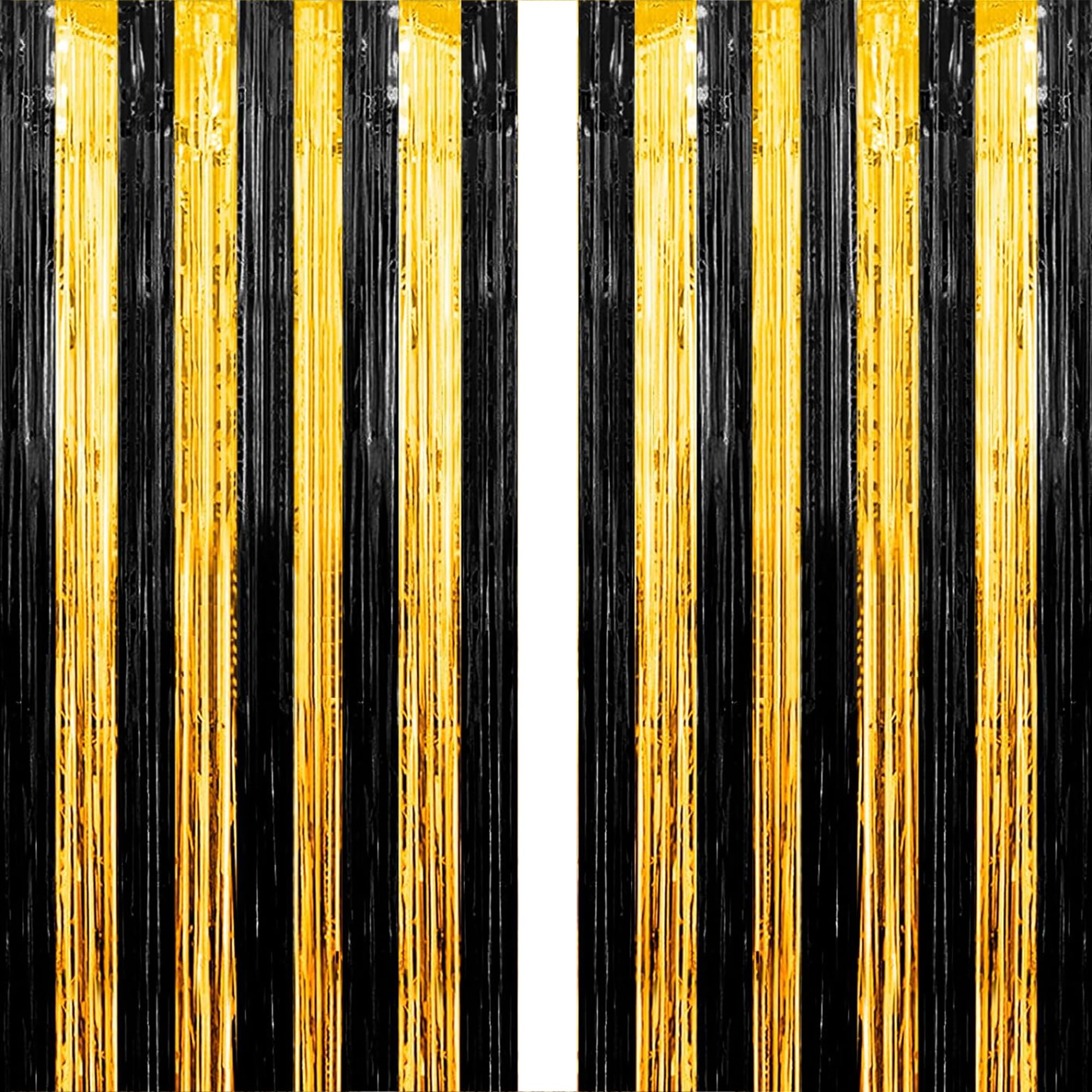 Lericttor 2Pcs 3.2ft x 8.2ft Foil Curtain Decoration, Black Gold Metallic Tinsel Foil Fringe Curtains Streamers for Halloween, Graduation, Doorways, Black Themes Party, Birthdays Party Decorations