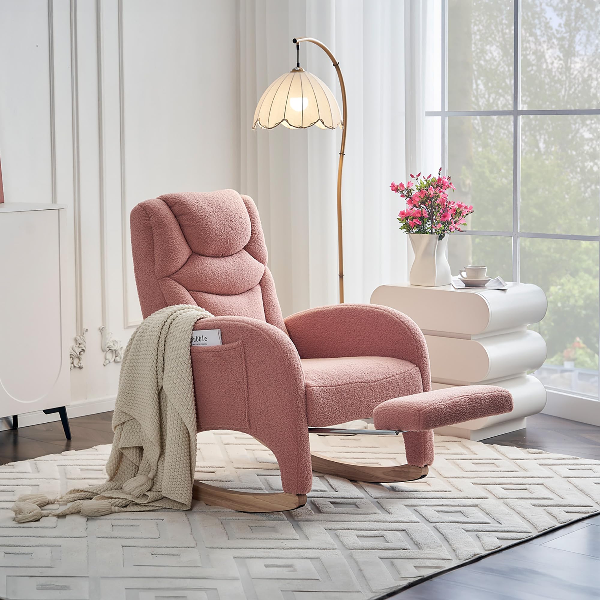 Soweiz Silla de salón con reposabrazos, sillón de relax, mecedora acolchada, silla acento para dormitorio, tela de peluche, capacidad de carga de 110 kg, 66 x 125 x 101 cm (rosa)