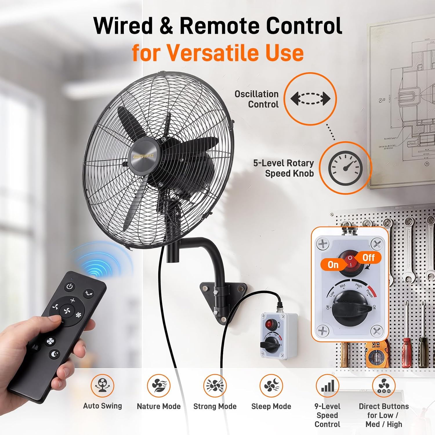 Wall Mount Fan, 20 Inch Oscillating Fan with Remote, 9-Speed & 3 Modes, 4500 CFM High Velocity Heavy Duty IP55 Waterproof Electric Fan for Outdoor Indoor Commercial, Industrial, Residential Use