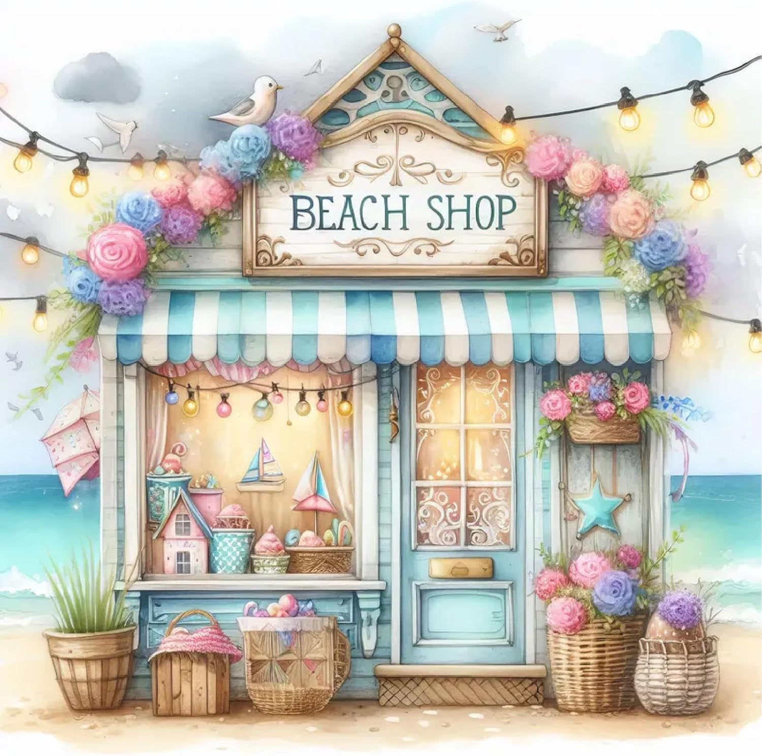 Lzyueyuan Diamond Art Kits for Adults - Beach Shop Diamond Painting Kits for Adults,Full Drill 5D Dimond Art Paintings DIY Diamond Dots Gem Art Craft Kit Home Decor 13.7X13.7 inch