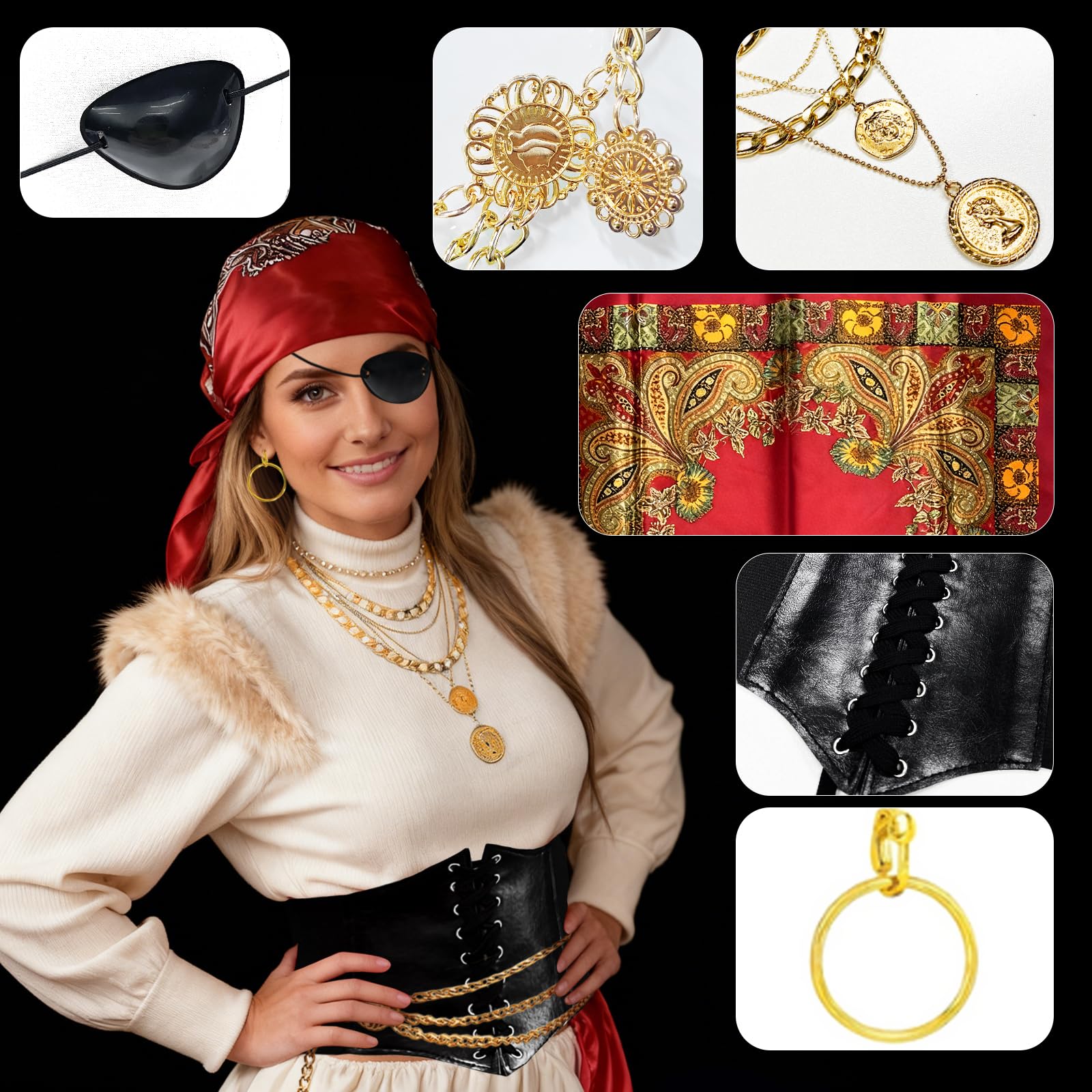 GYIOFAI 6 Pcs Pirate Costume Accessories for Women Pirates Bandana Neckalce Earrings Corset Waist Chain Eye Patch for Carnival Halloween Cosplay Party (Red) - Image 3
