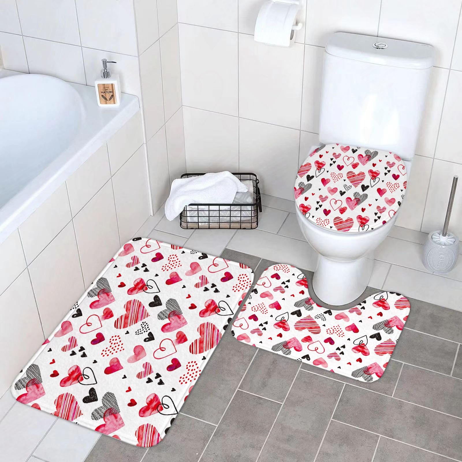 Set di 3 tappetini da Bagno, Lavabili in Lavatrice e Antiscivolo, tappetini Morbidi in Fibra Superfine, San Valentino, Diversi Tipi di He