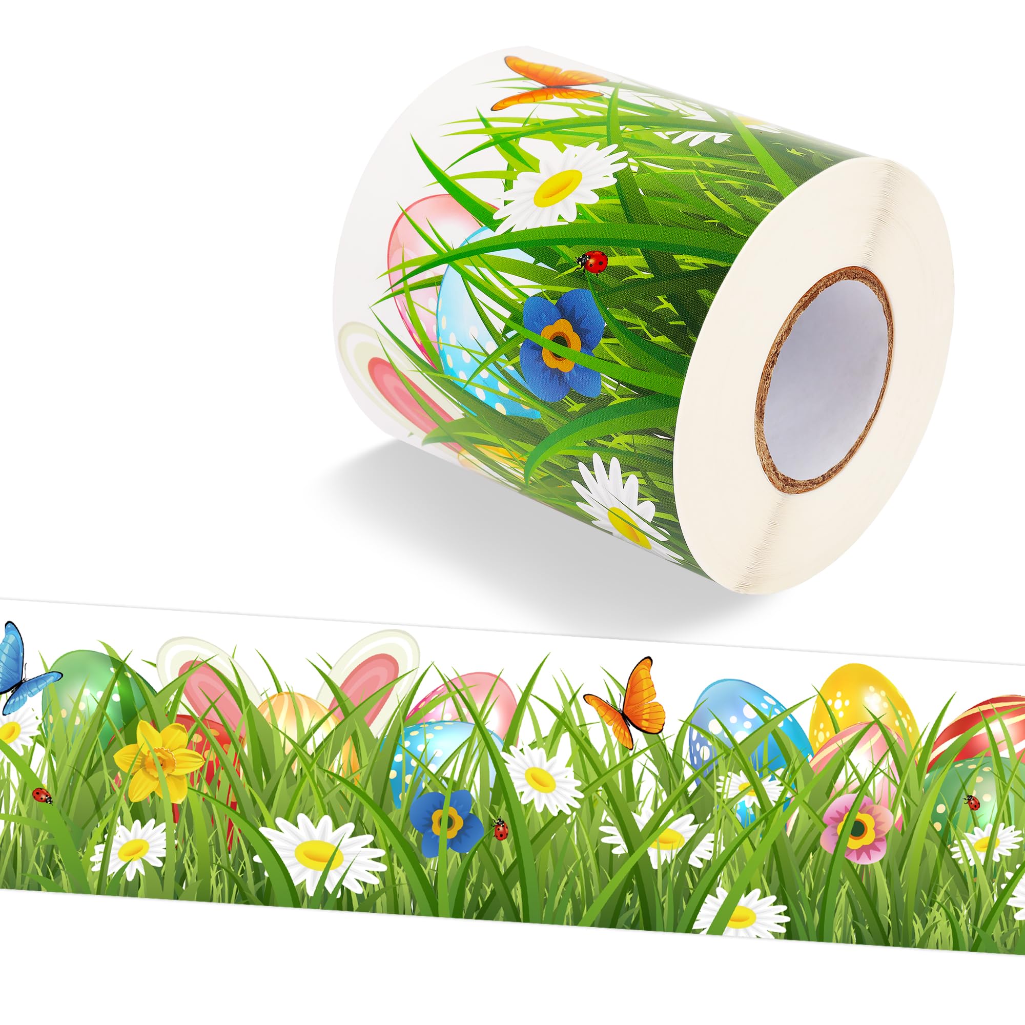 Wonmon Easter Bulletin Board Border, Self-Adhesive Green Grass Easter Egg Bunny Flower Border Trim for Spring Easter Classroom Bulletin Board Home