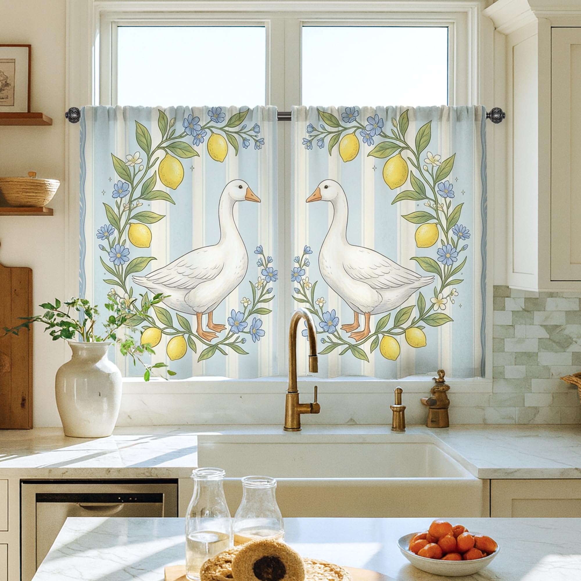 Rideaux de cuisine anti vis-à-vis 71x99 cm petit rideau rustique bleu motif fleurs de citron