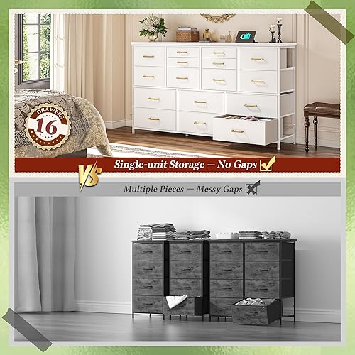 Miniatura 8 de Cómoda para dormitorio con 16 cajones de tela larga con estación de carga, soporte de TV para aparadores de TV de 60 pulgadas y cómoda para