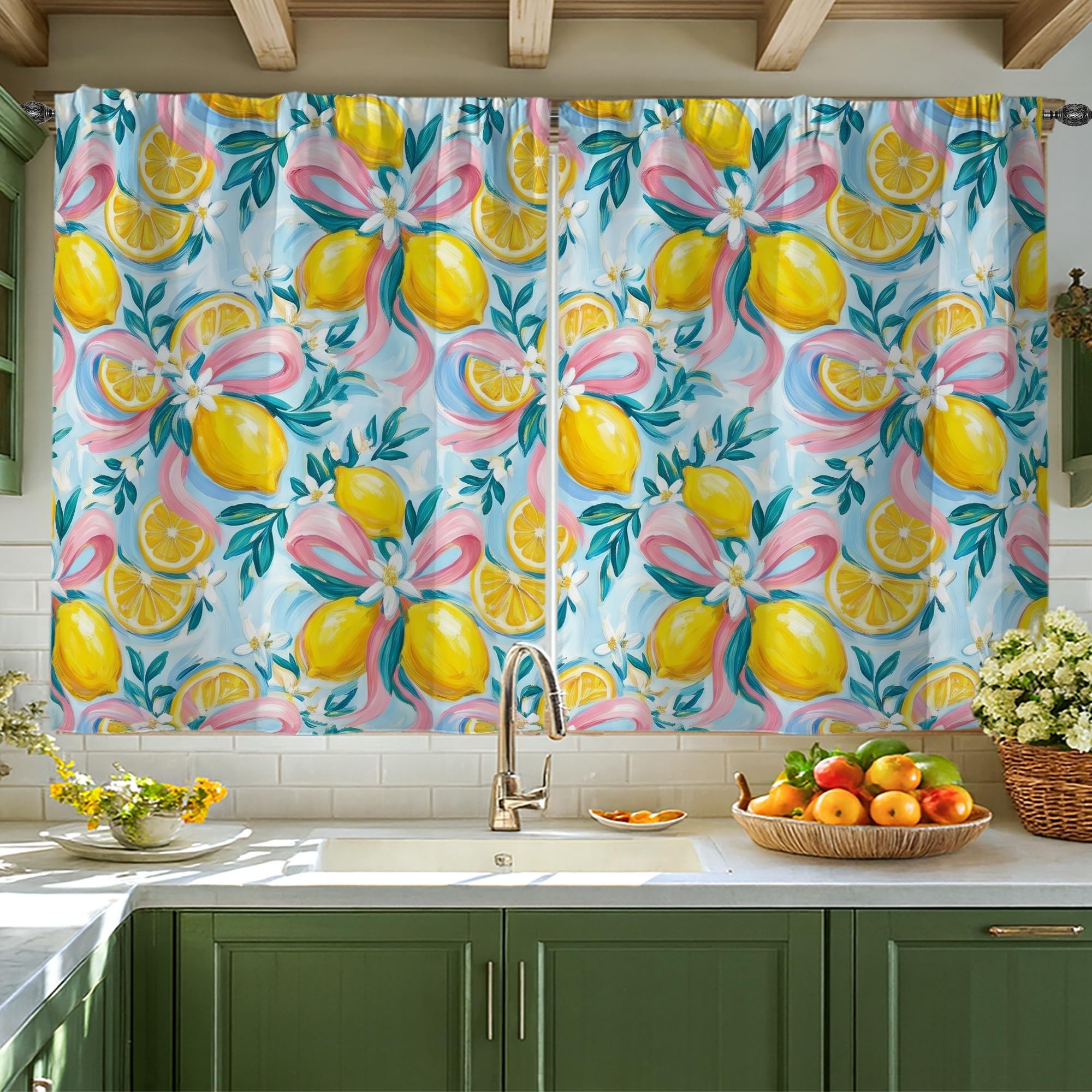 Rideaux de cuisine citron jaune d'été pour fenêtre de coin évier 106x114 cm