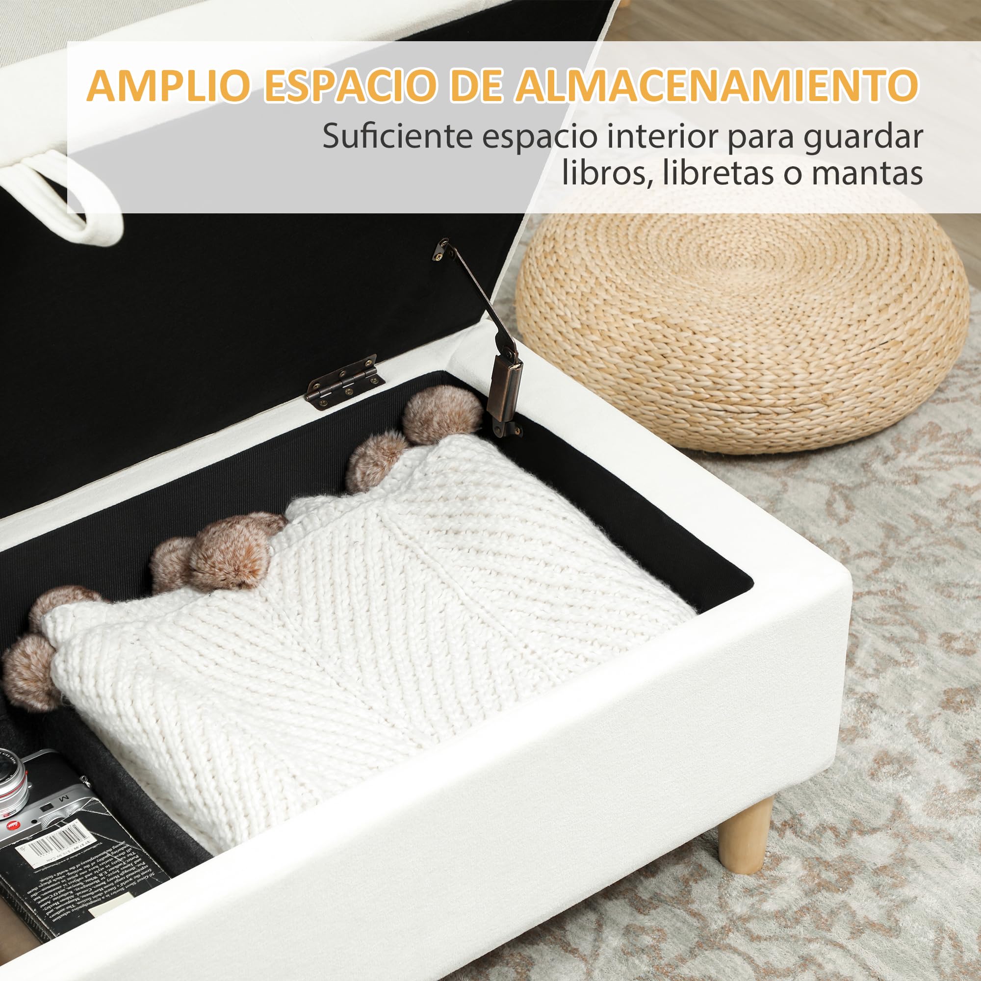 HOMCOM Puff Almacenaje Baúl Tapizado de Terciopelo 100x50x43 cm con Patas de Madera Capacidad 71L Soporta 240 kg Banco Almacenaje para Dormitorio Pasillo Salón Blanco Crema