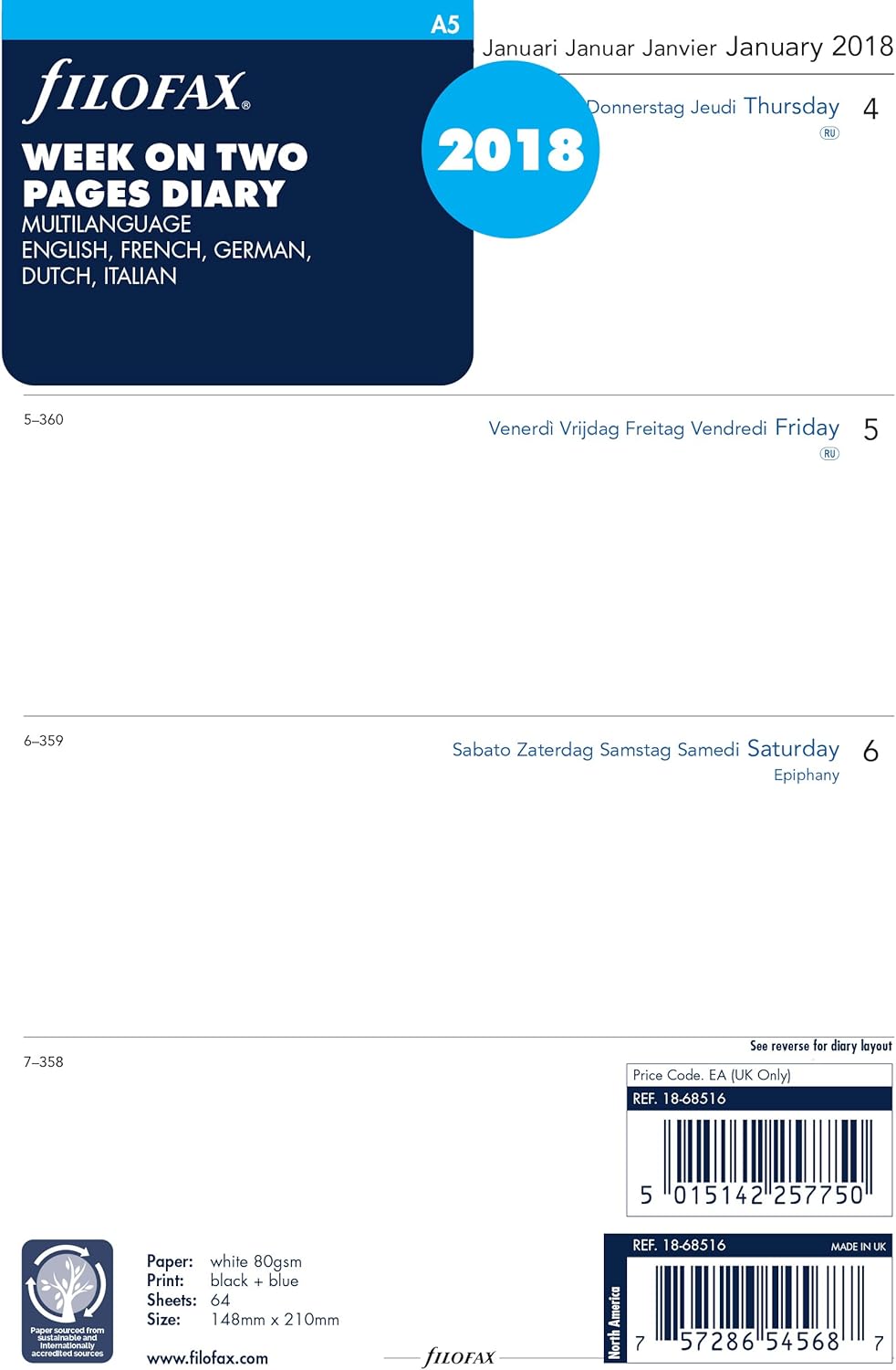 Filofax A5 Week On Two Pages 5 Language 2018 Diary