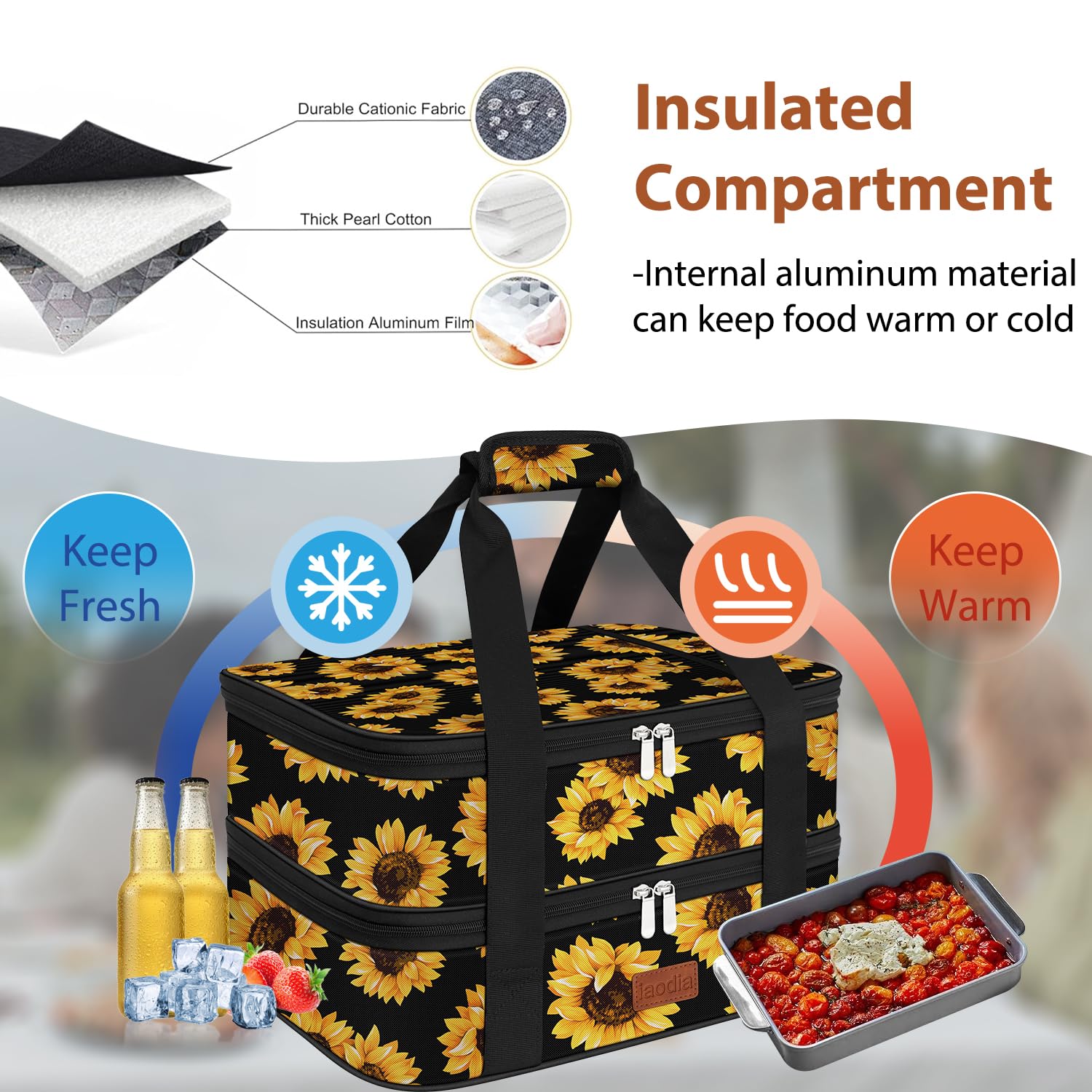 Bolsa de transporte de doble cacerola, bolsa de transporte térmica expandible para alimentos fríos o calientes para picnic, cocinas, fiestas de comida, se adapta a bandeja de hornear de 9 x 13
