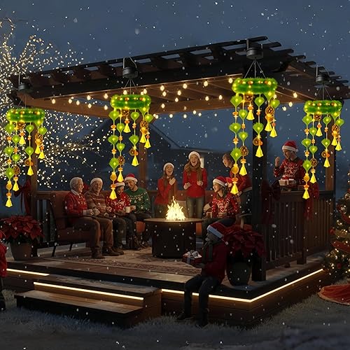 Miniatura 8 de Campanillas de viento solares de Navidad para exteriores, 48 luces LED con piñas, campanas y bayas rojas, decoración navideña impermeable para