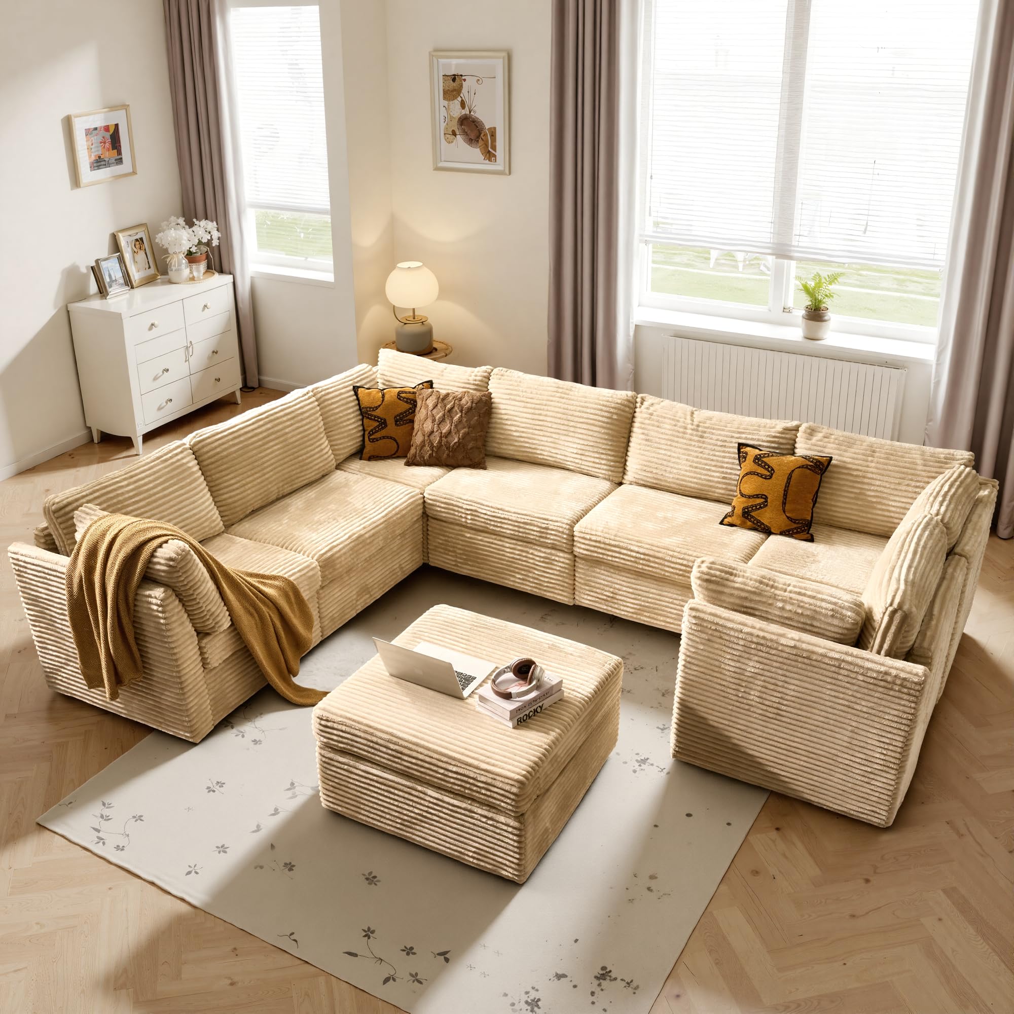 ovios Modular Sectional Sofa Couch with Sofa Bed L-Shape Chaise, Comfy Plush Corduroy Cloud Couches, Modern Luxury Deep Seat Sofas Set for Living Room, 8-Seater, Beige