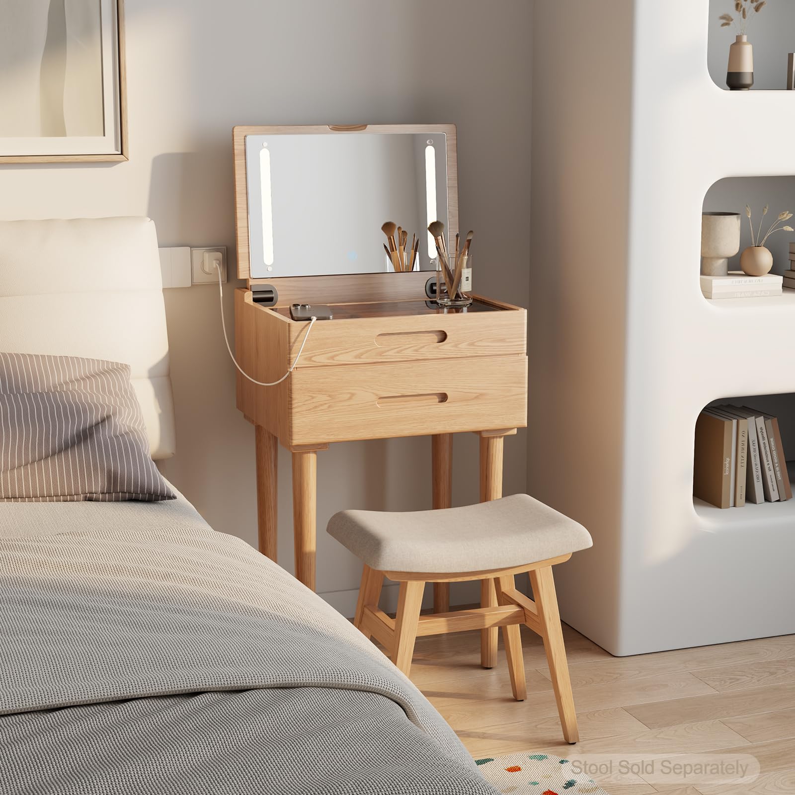 Escritorio pequeño de madera maciza con espejo abatible, luces ajustables de brillo, tocador compacto con parte superior de vidrio y cajones, tocador delgado para espacios pequeños, dormitorio 2