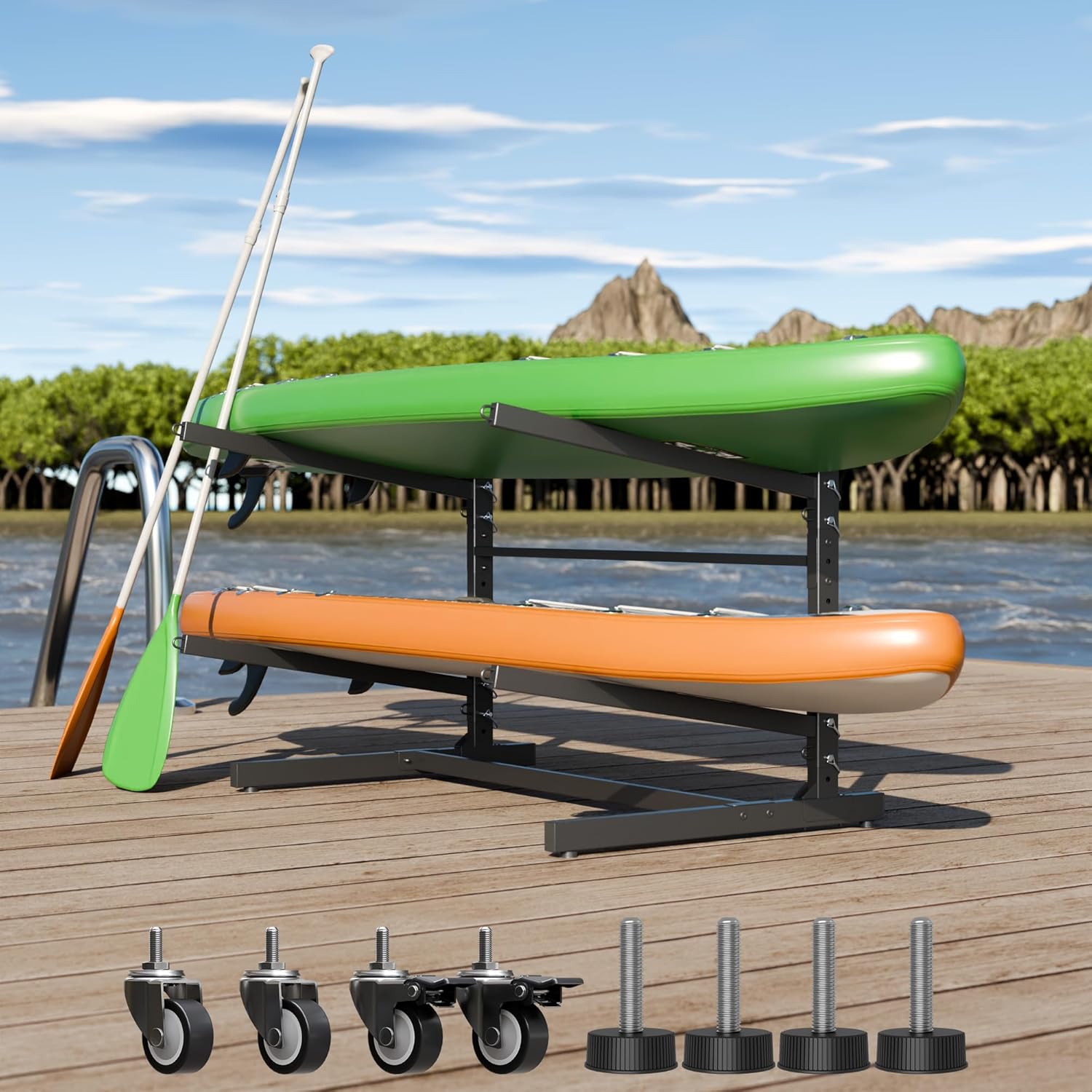 Outdoor Kayak Storage Rack with Wheels or Protection Pad,Heavy Duty Adjustable Weatherproof Stand, Black Outdoor Kayak Storage Rack with Wheels or Protection Pad,Heavy Duty Adjustable Weatherproof Stand, Black