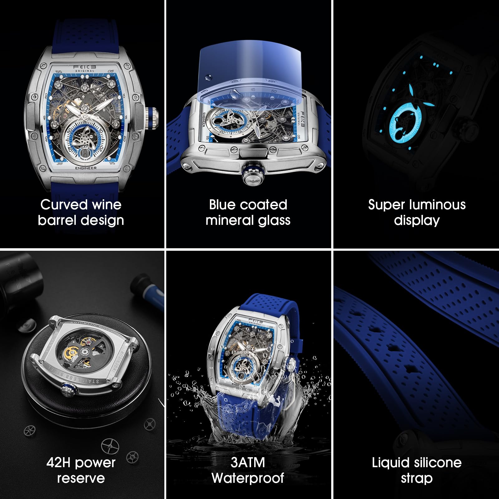 FEICE FM503 Orologio da Uomo Orologio Automatico Scheletrato Data Blu | Meccanico, Data, Forma a Barilotto, Vetro Minerale Blu Galvanizzato, Cinturino in Silicone Liquido, Cassa in Acciaio Inox