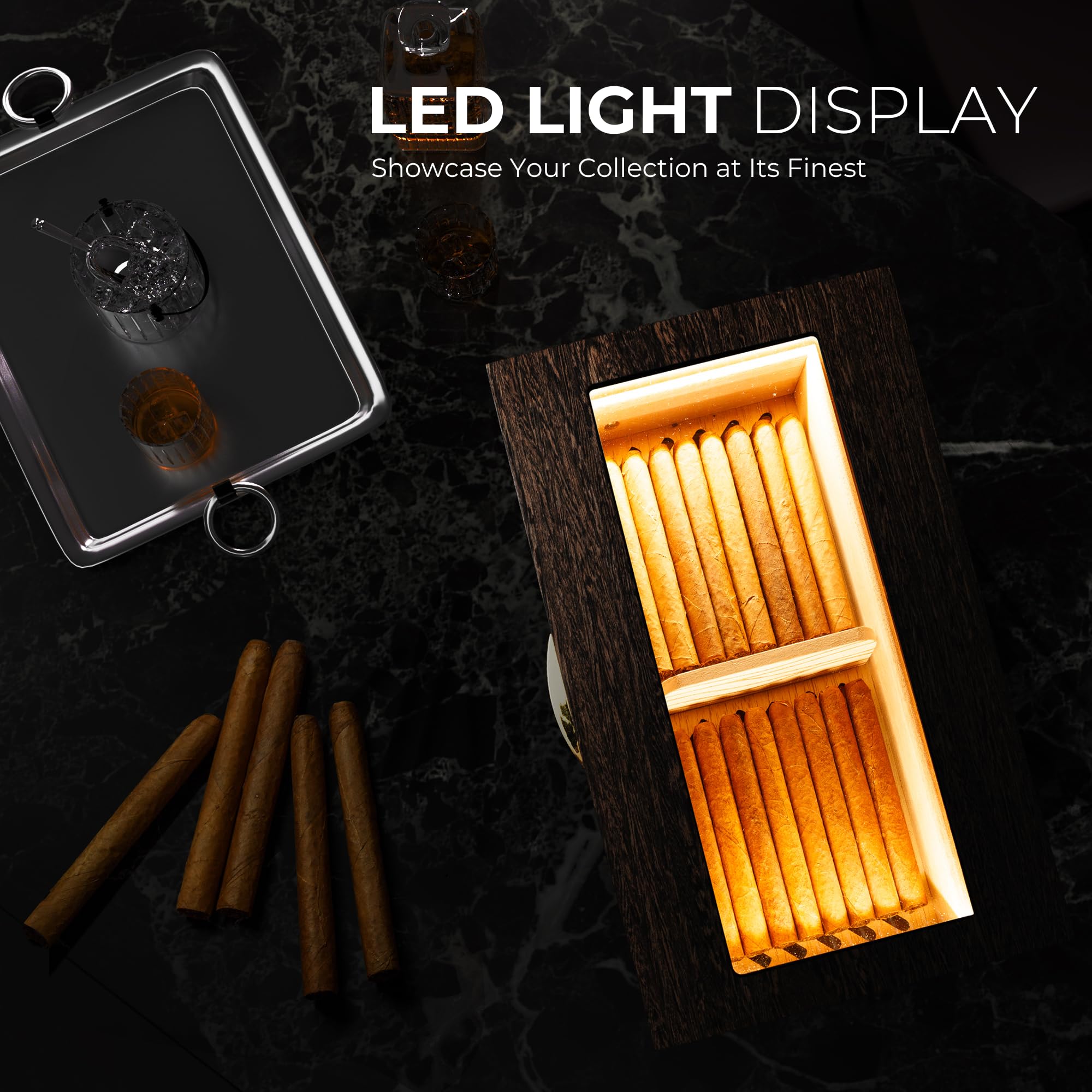Woodronic Zigarren Humidor Box mit LED Beleuchtung für 50-100 Zigarren Desktop Zigarrenhalter mit Digital Hygrometer Luftbefeuchter Humidor Lösung Spanische Zedernfutter Tablett und Trennwände