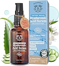 BIONOBLE Hyaluronic Acid Serum for Face Certified Organic - Hydrating, Anti Aging, Wrinkle - Face Serum for Women Mature Skin and All Types - Vegan Pure Hyaluronic Acid - Glass Bottle, Pump - 30ml