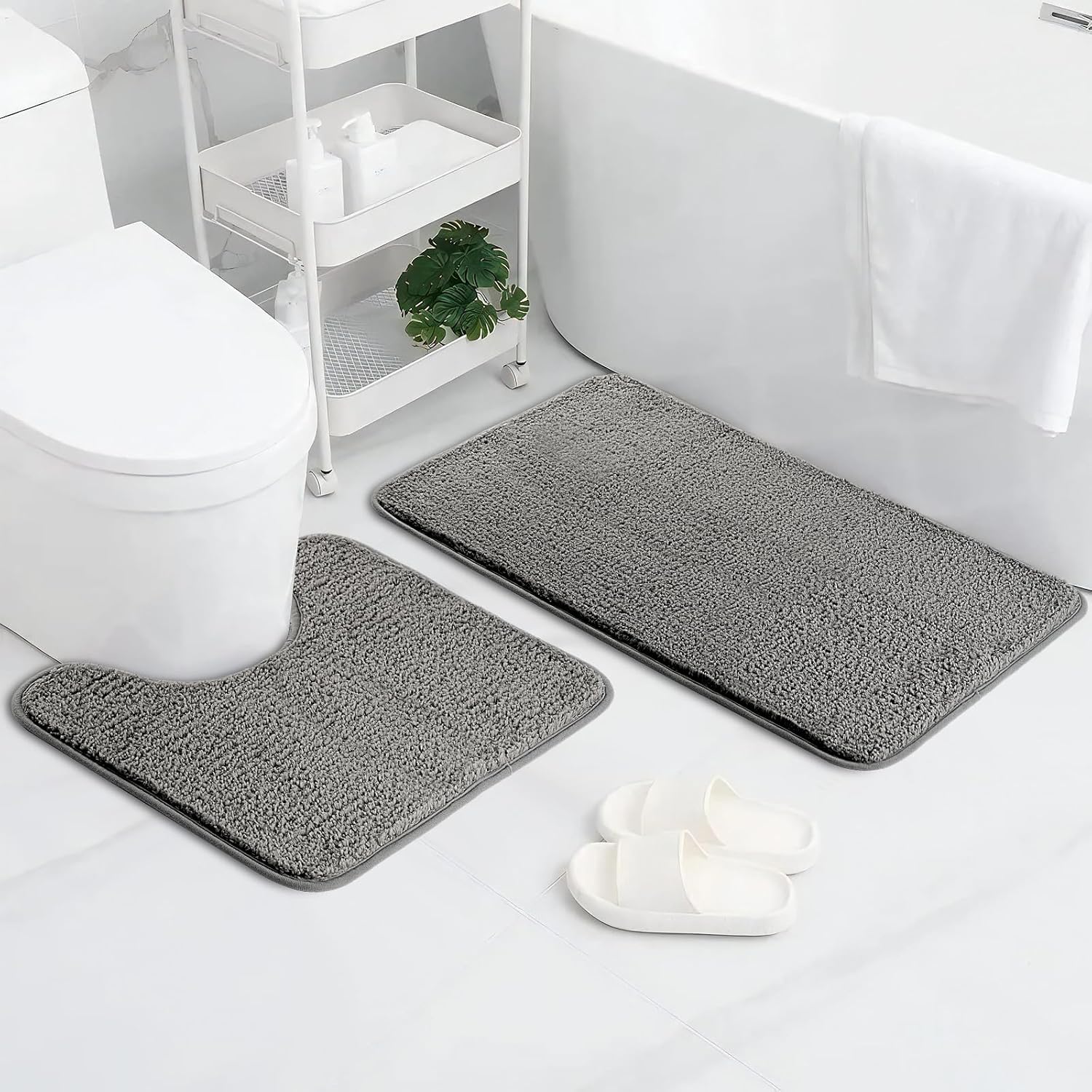 AUAUY Bathroom Mat Sets 2 Piece, Microfiber Fluffy Shaggy Bath Mat+Toilet Rug, Extra Soft Absorbent Bath Mats for Bathroom, Anti Slip Quick Dry Bathroom Rug Toilet Mat for Bathroom Floor, Toilet, Grey