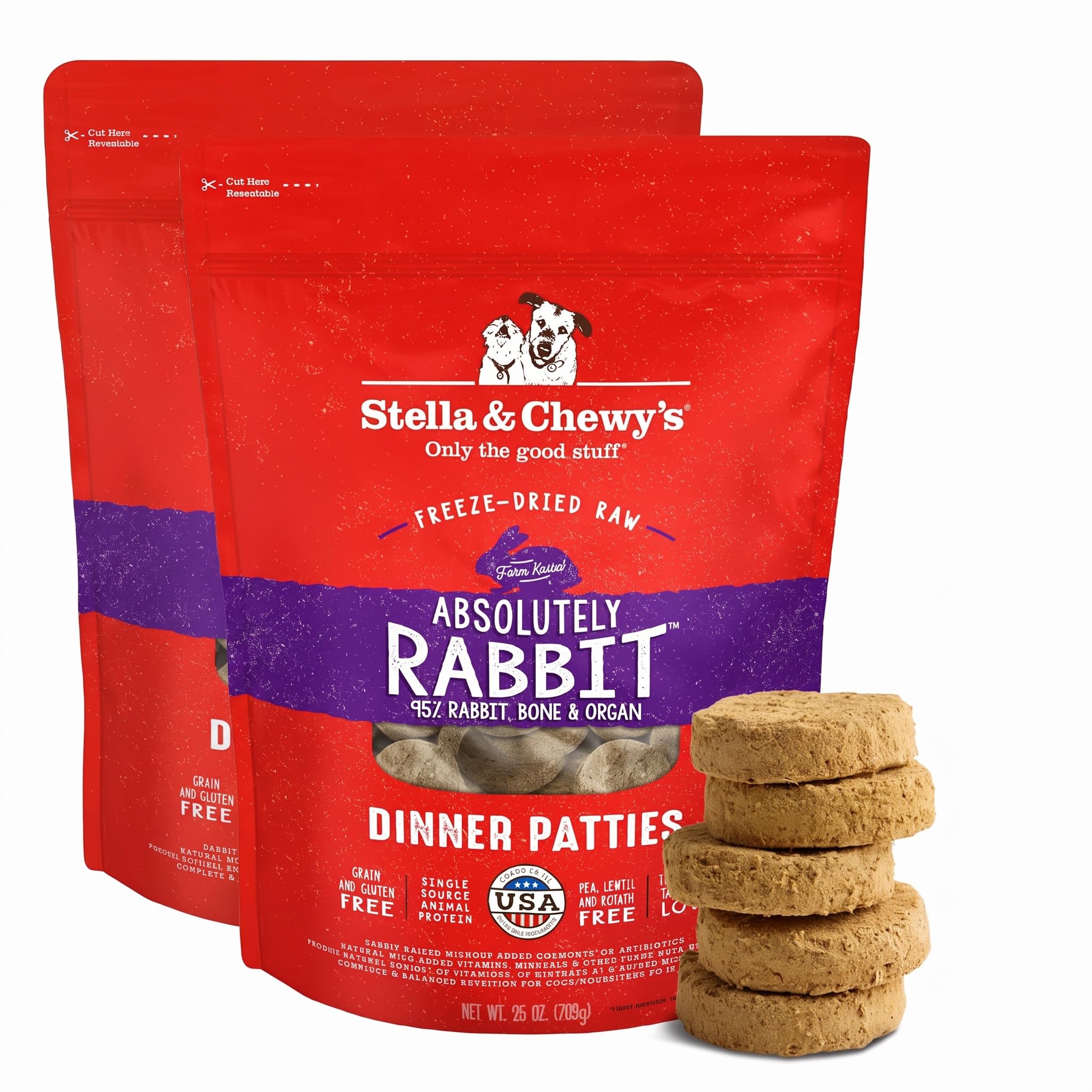 Stella &amp; Chewy's Freeze-Dried Raw Dinner Patties - Absolutely Rabbit Recipe - High Protein Grain-Free Puppy &amp; Dog Food - Perfect for Picky Eaters - 25 oz (Pack of 2)
