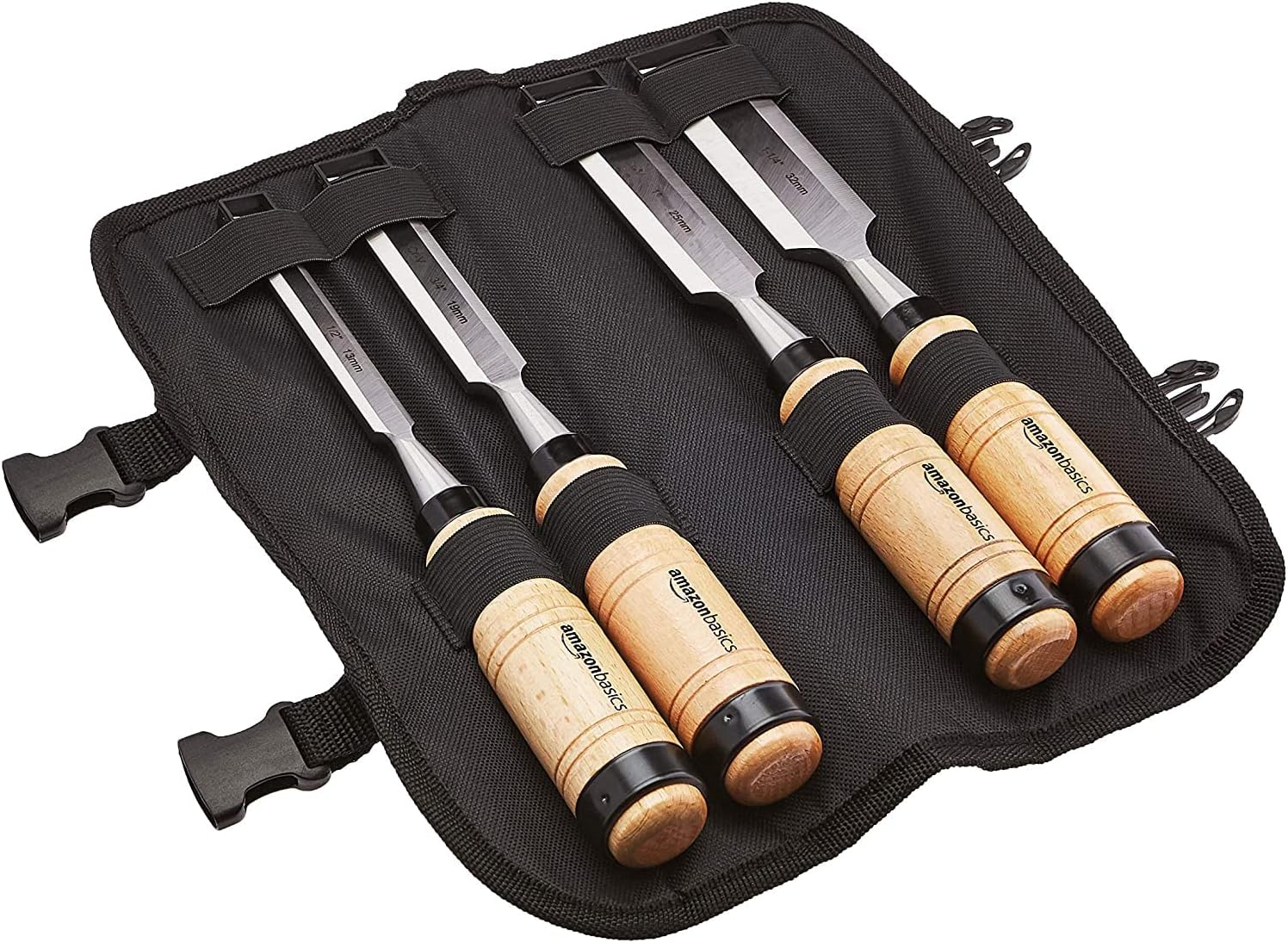 Amazon Basics 4-Piece Chrome Vanadium Steel Wood Chisel Set, 1/2-Inch to 1-1/4-Inch Wooden Handle with Carry Pouch