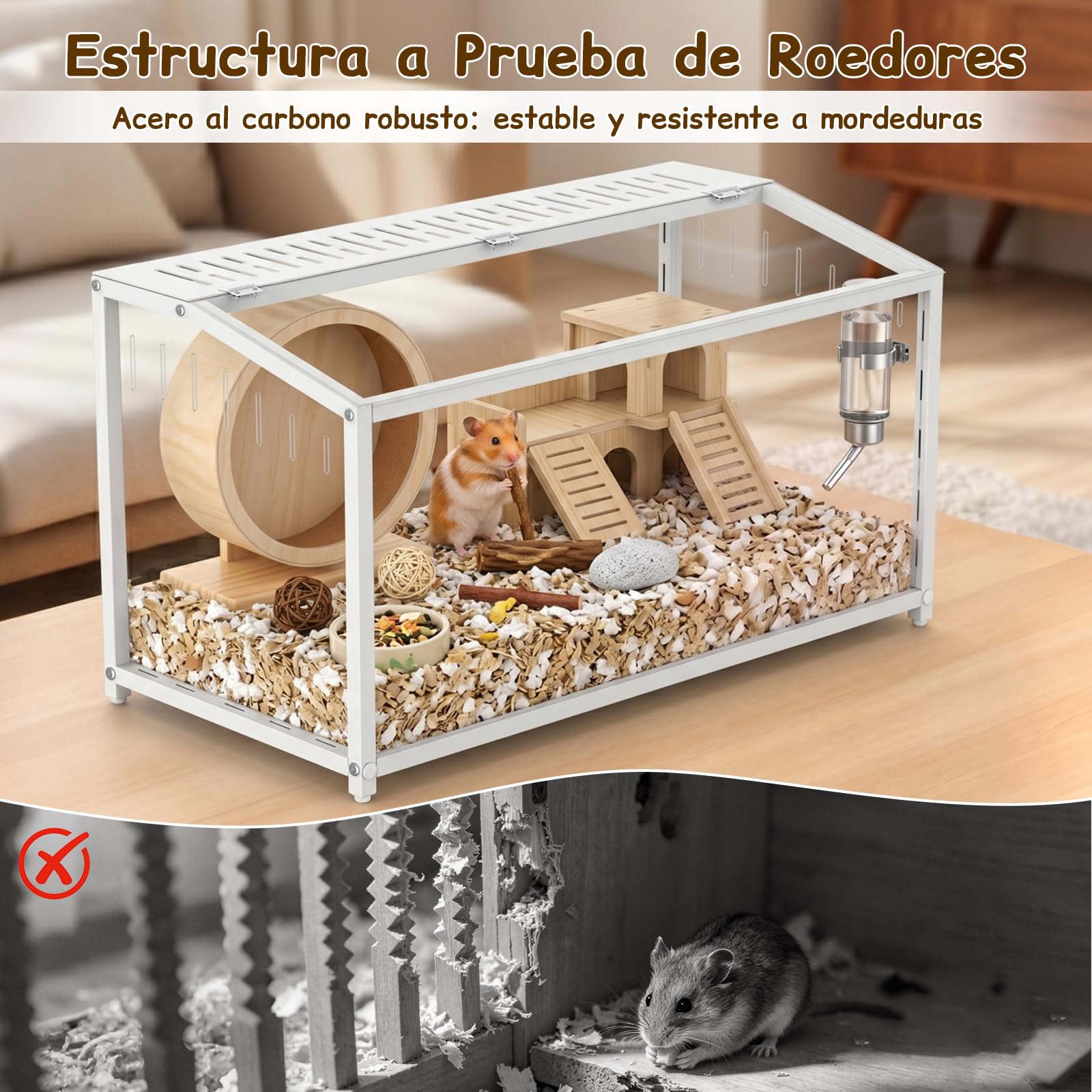 BORISI Jaula Hamster Metal 81x40,6x40,6 cm, Anti mordeduras, Blanco | paneles PC duraderos, marco anti mordidas, tapa superior, buena ventilación, fácil de limpiar, para hámster enano