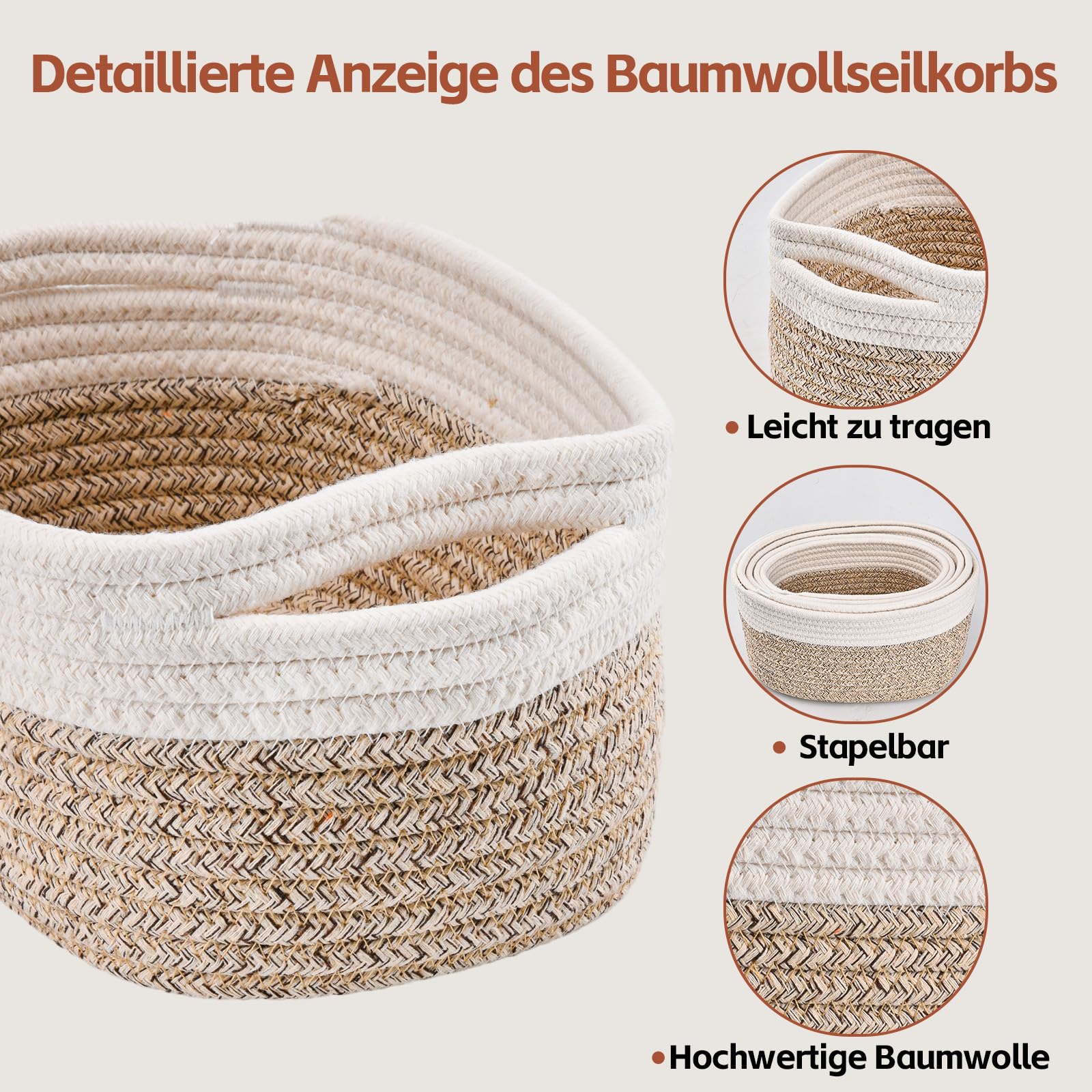 Lot de 5 petits paniers de rangement tissés en coton pour l'organisation, paniers de rangement pliables avec poignées pour le salon (blanc/marron)