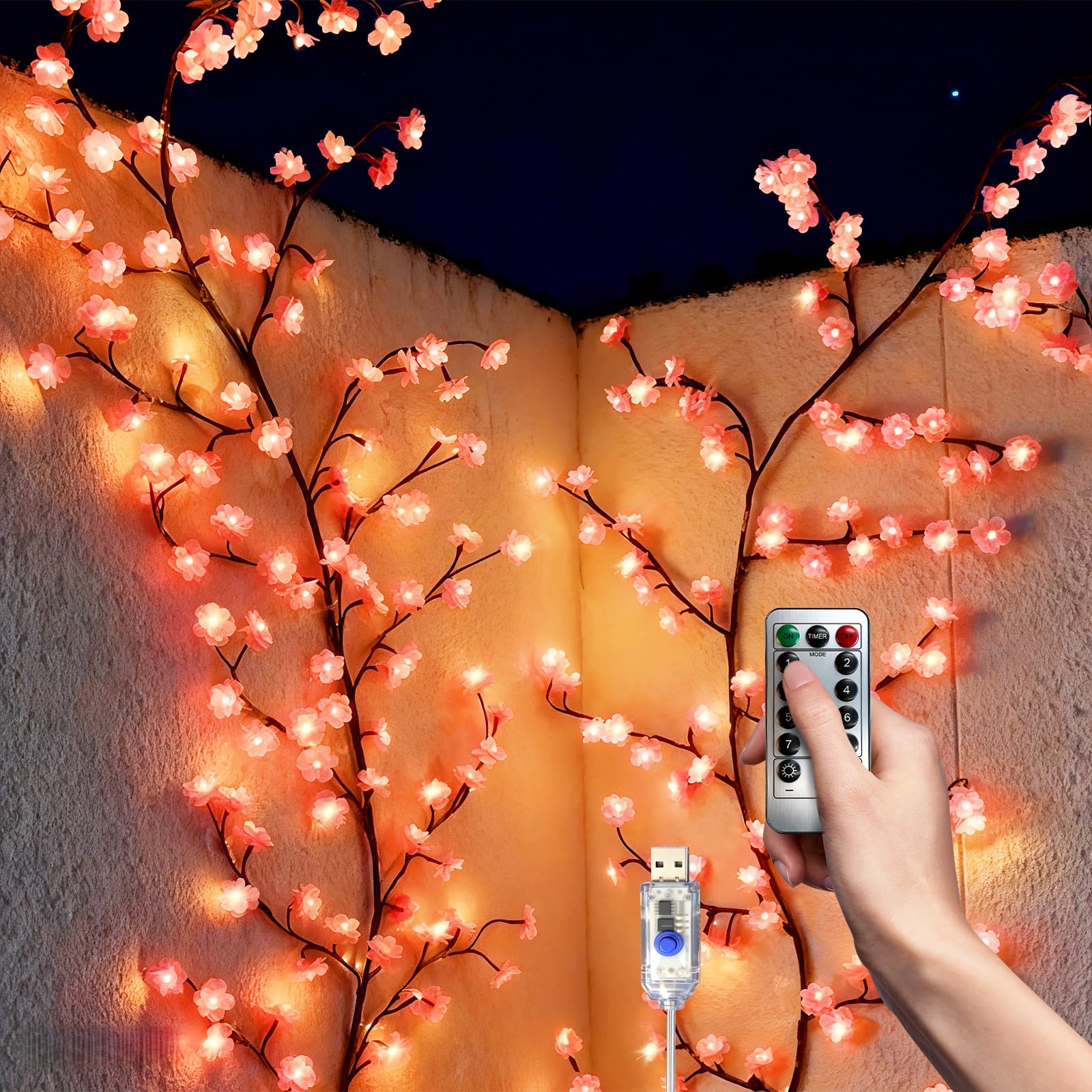 AMFUN 120cm 48 LEDs Kirschblüten Zweige Lichter, Kirschblüten LED Wand mit Fernbedienung, 8 Modi, Sakura Vine Wand Deko, für Schlafzimmer, Wohnzimmer & Feiern [Energieklasse A+++]