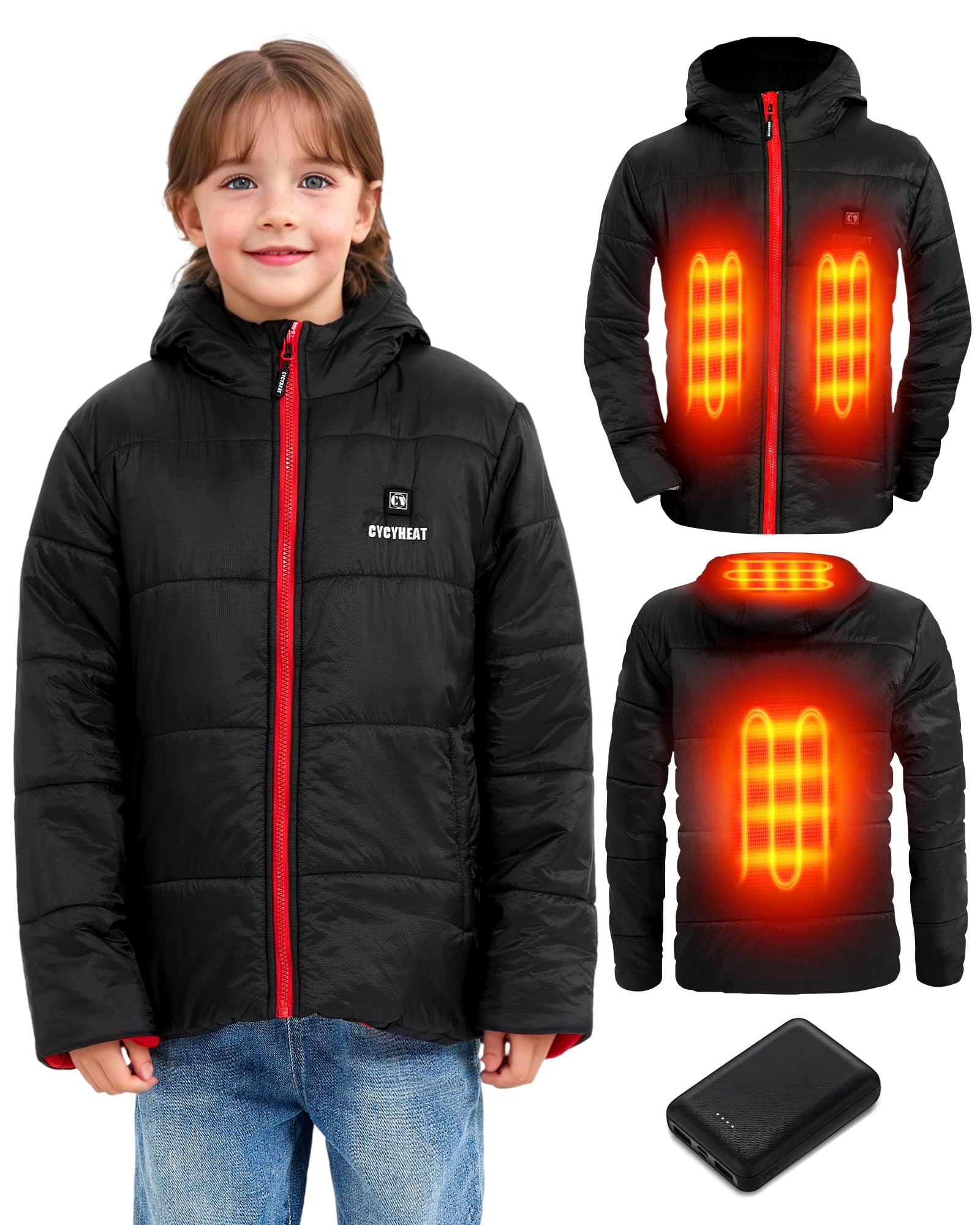 CYCYHEAT Chaqueta térmica para niños y niñas, chaqueta térmica con capucha, calentador de cuerpo con batería, ropa térmica para esquí