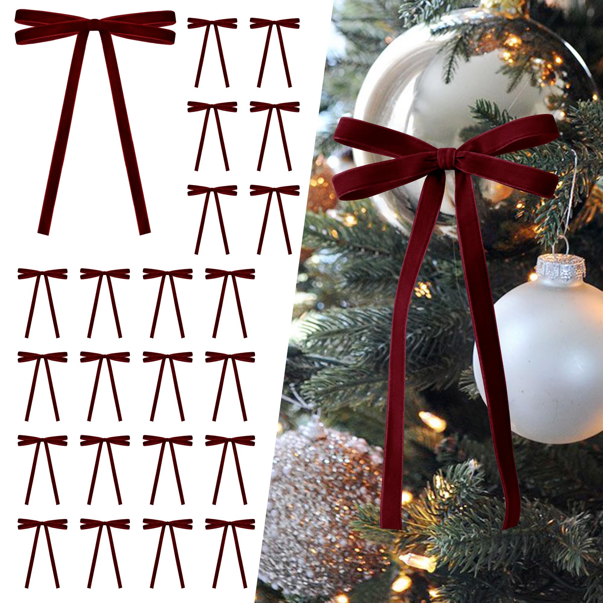 SIMISI RIBBON 24Pcs Christmas Velvet Ribbon Bows Decorations for Tree