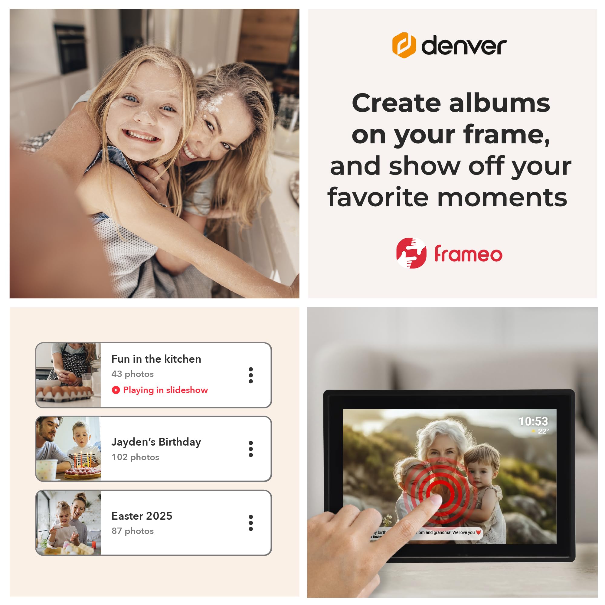 Denver Frameo Marco Digital WiFi 10,1 Pulgadas, Pantalla IPS táctil, 16 GB, App Frameo, Color Negro