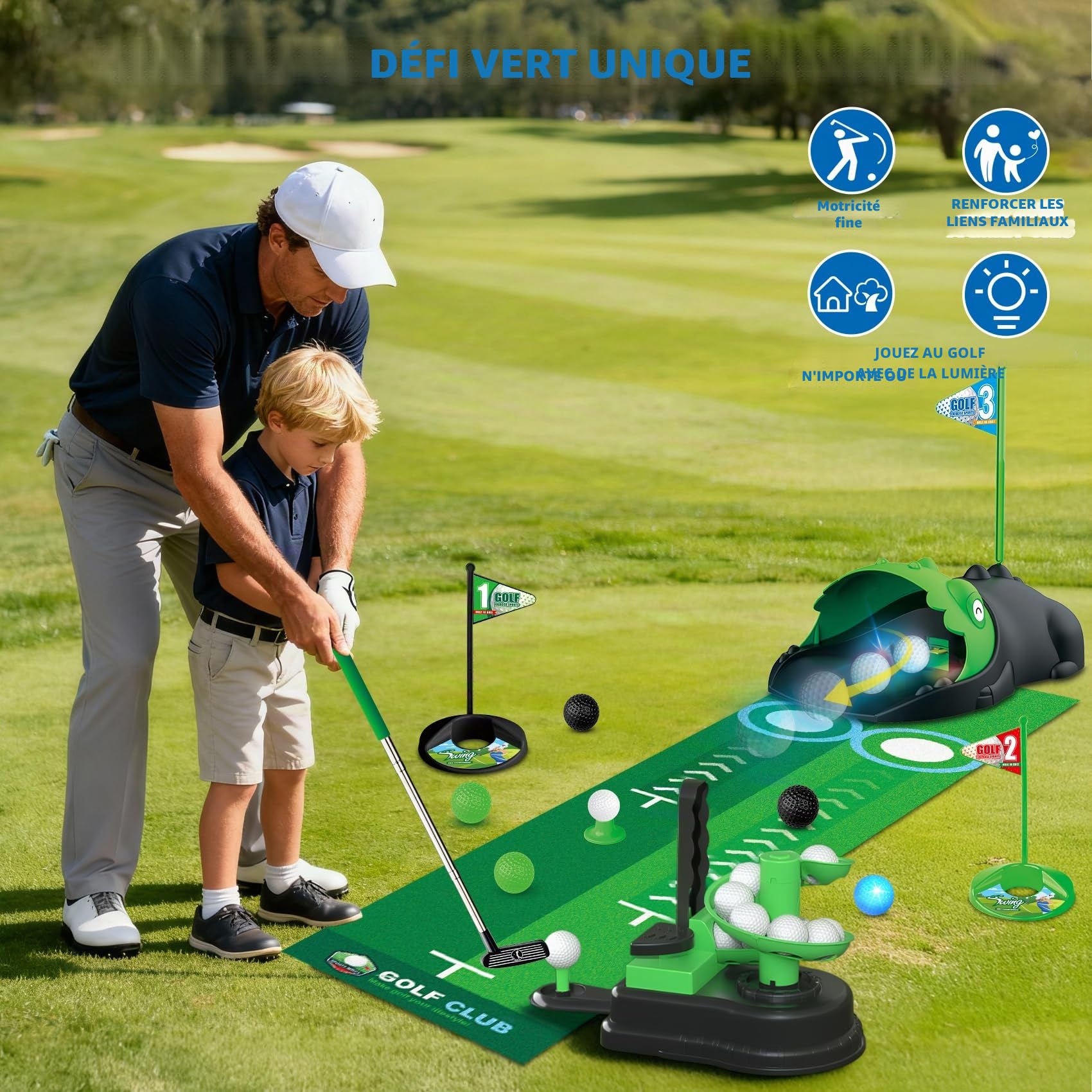 TERRAMUS Ensemble de Golf 3 en 1 pour Enfants, Jouet de Golf avec Lanceur de balles Automatique Dinosaure et balles Lumineuses LED, Mini-Golf intérieur/extérieur, pour garçons et Filles