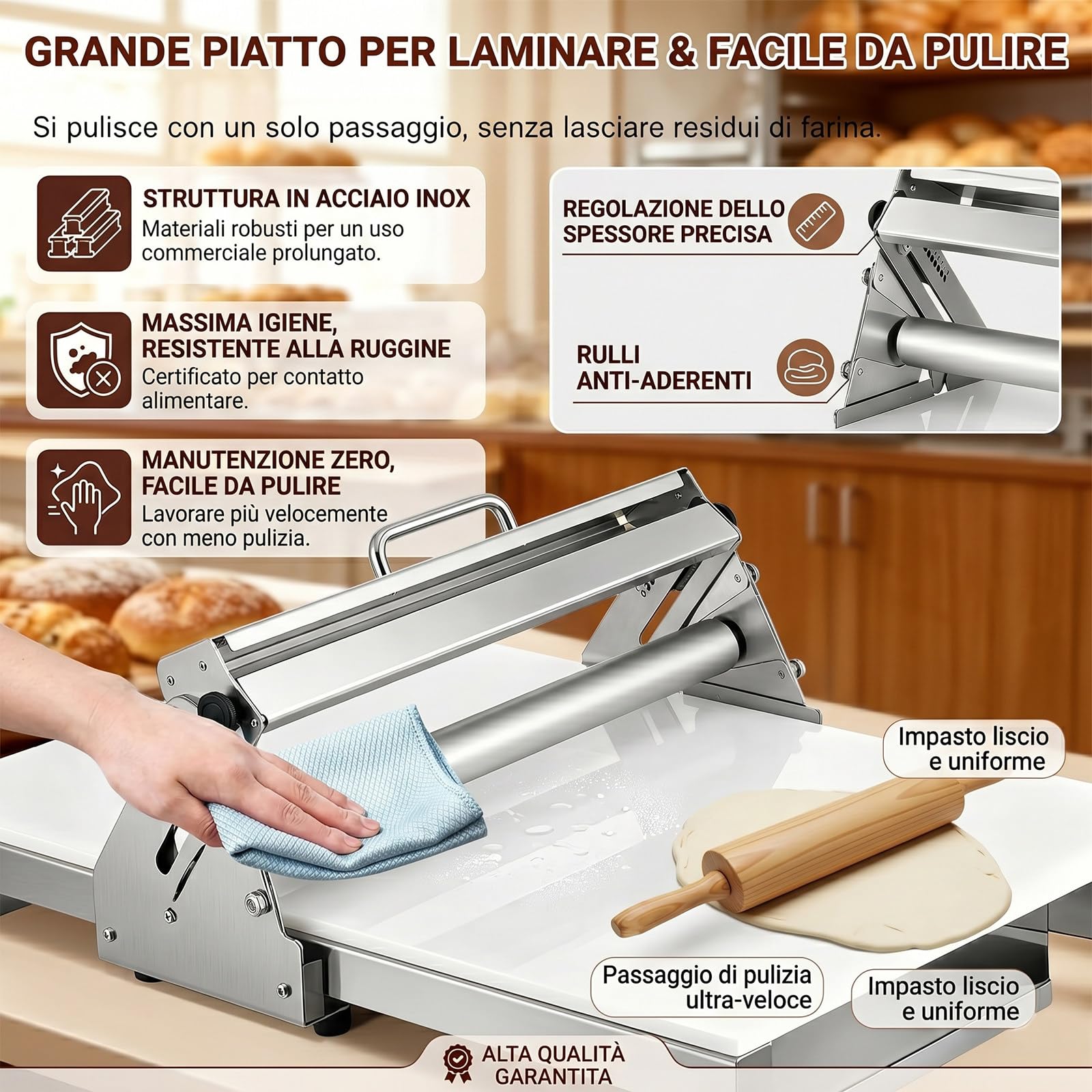 Sfogliatrice per Croissant, Macchina per Sfoglia Pieghevole Commerciale per Spessori da 0 a 25 mm, Pannello Antiaderente di Grandi Dimensioni, per Cucine Domestiche A400