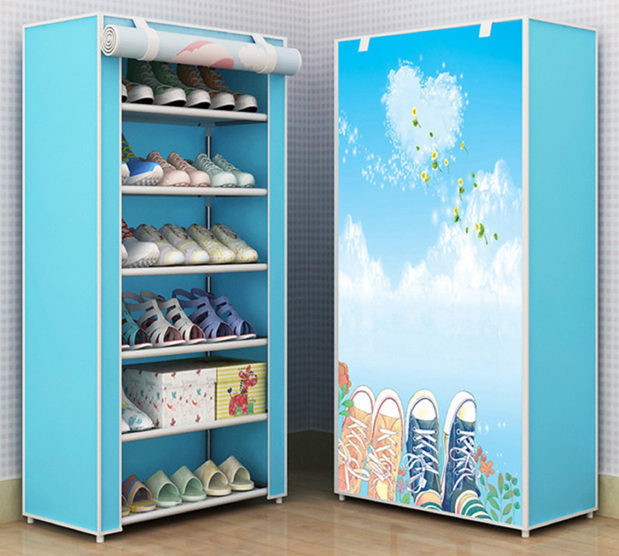 CMerchants 6 LAYER SHOE RACK CLOUD HEART PRINT (Light Blue)-image-49