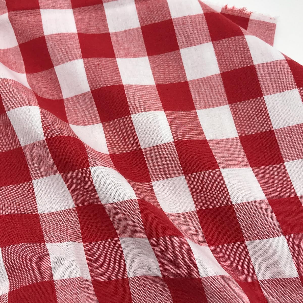 144x57 Inch Red and White Buffalo Plaid Fabric - 130GSM, 1" Gingham Check, Cotton Blend - for Kitchen Curtain, Table Linens, Light Outerwear