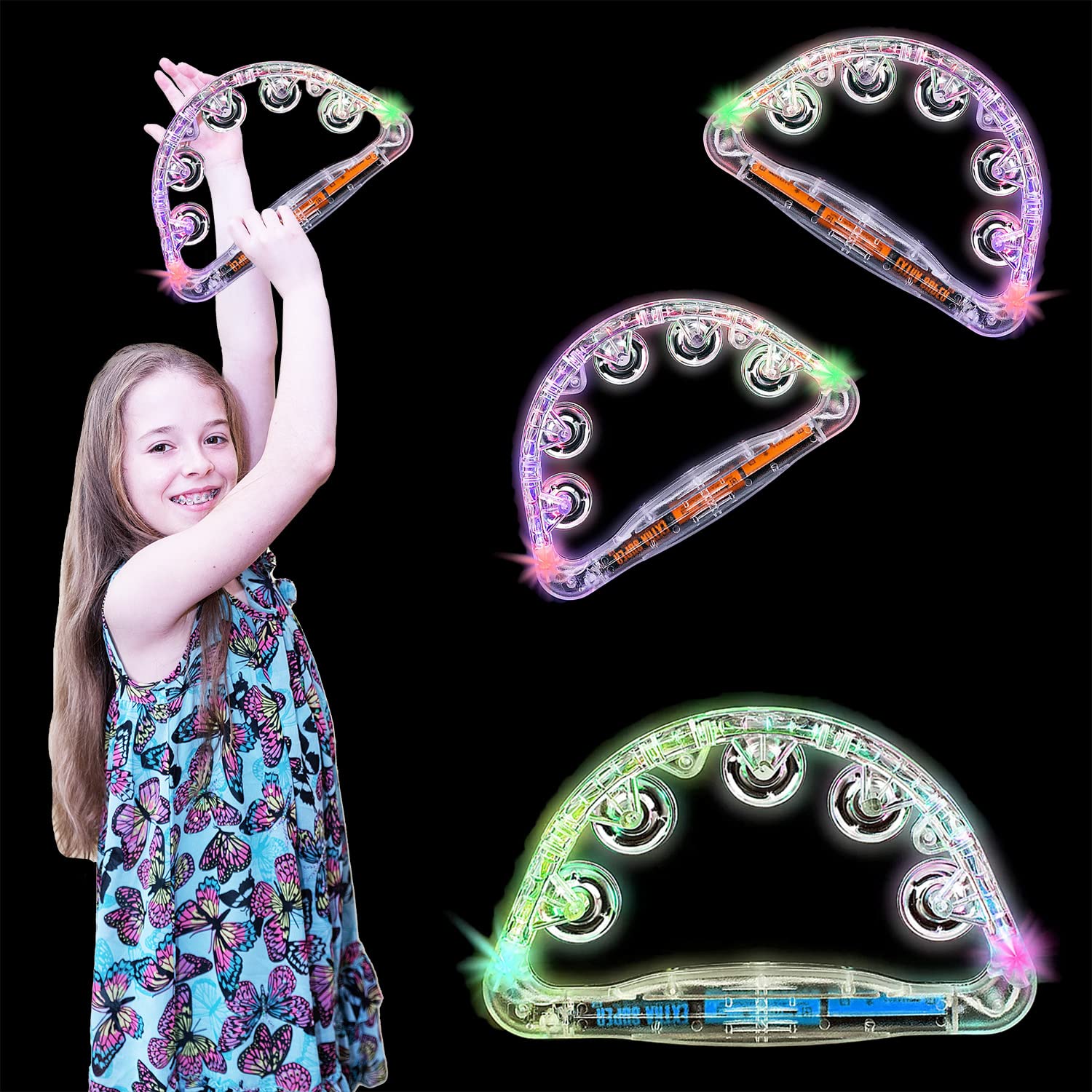 The Dreidel Company Flashing Tambourines Hand Held, 9" Inch Tambourine Flashes in Assorted Colors, Ring Metal Jingles Percussion Musical Educational Hand Instrument, Party Kids Games (2-Pack)