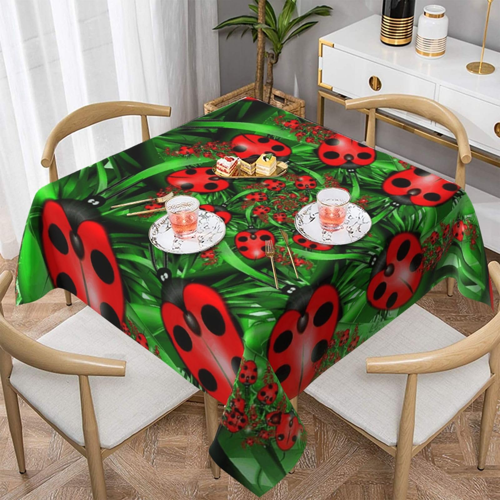 DCEHGEW Red Ladybug Prints Square Tablecloth 152x152 CM, Waterproof Fabric Table Cloth for Dining Table, Farmhouse Table Cover for Kitchen Dining Tabletop Decoration