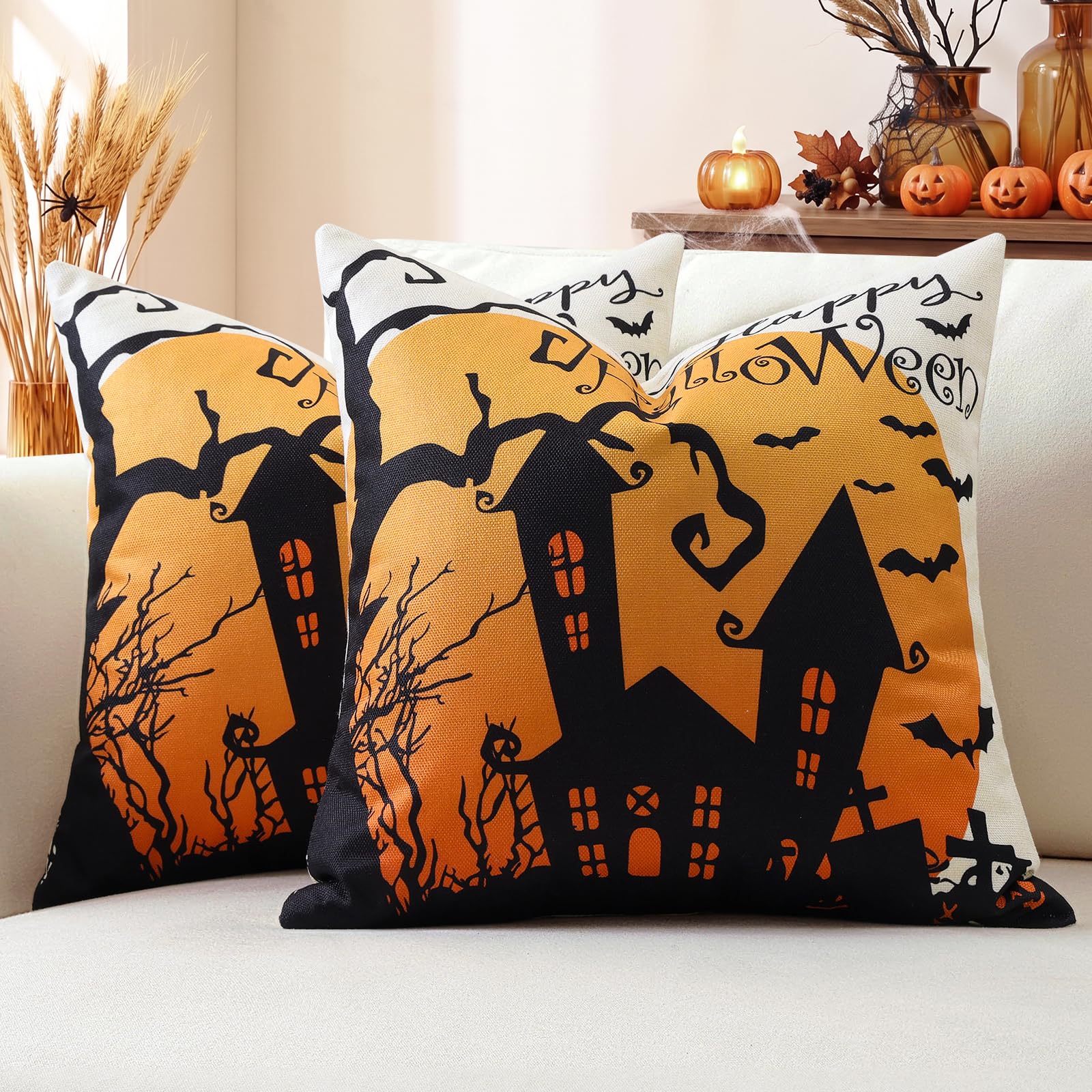 Artscope Halloween Cushion Covers 50x50cm, Set of 2 Autumn Pillowcases Halloween Pillow Covers for Sofa Living Room Holiday Party Fall Decor Haunted House