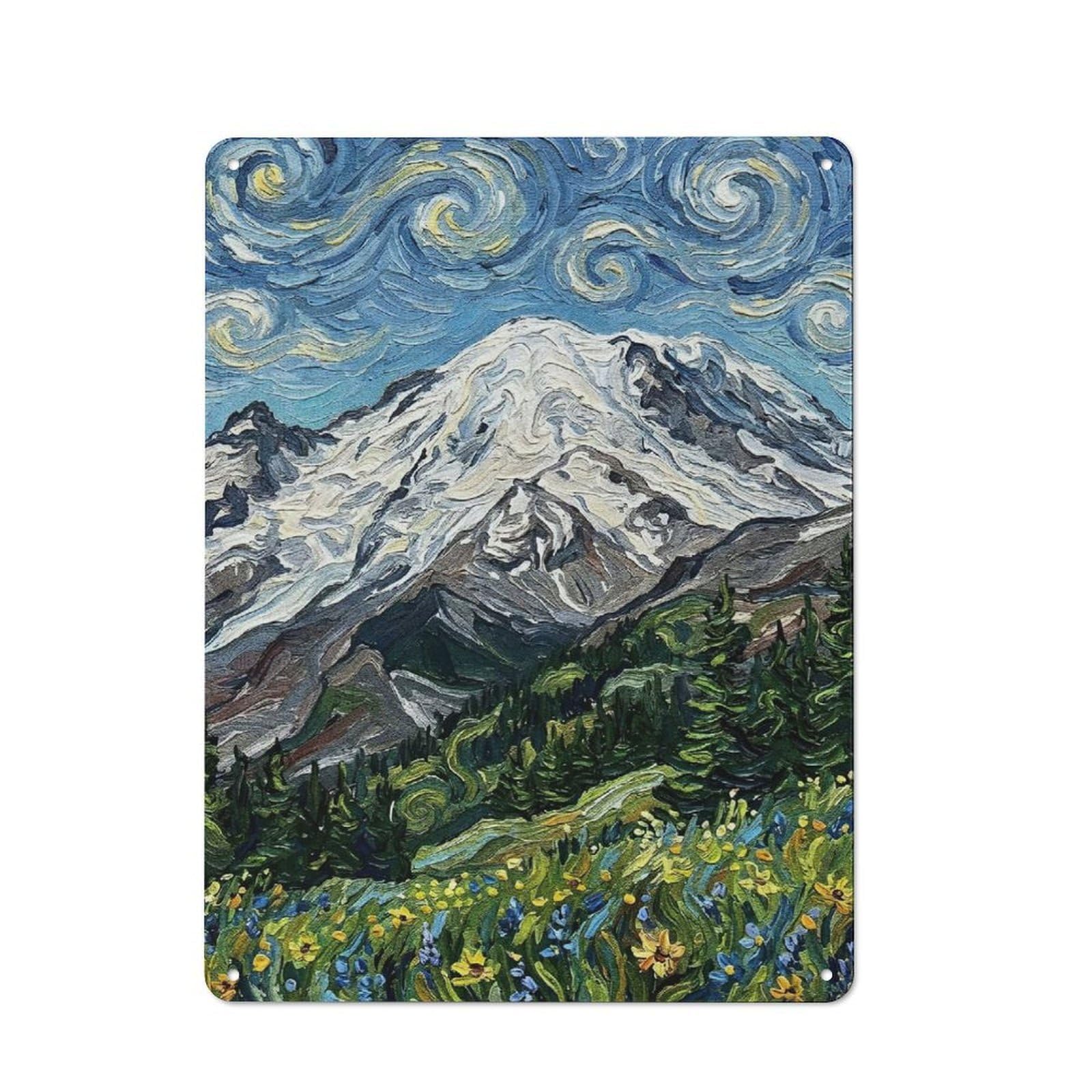 Junmoney Style-5 For Hobby Room Or Studio, Mount Rainier Impressionist Landscape Painting Retro Metal Wall Sign 40X30cm, For Vintage Wall Decor Fans, For Themed Room Decoration