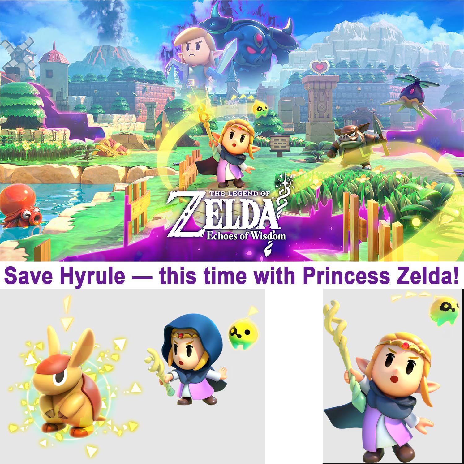 The Legend Of Zelda: Echoes Of Wisdom for Nintendo Switch (US Version), with PremGear Thumb Grips (8 pack - Black, Blue, Red & Clear), 24 Slot Game Card Holder & Cleaning Cloth - Image 2