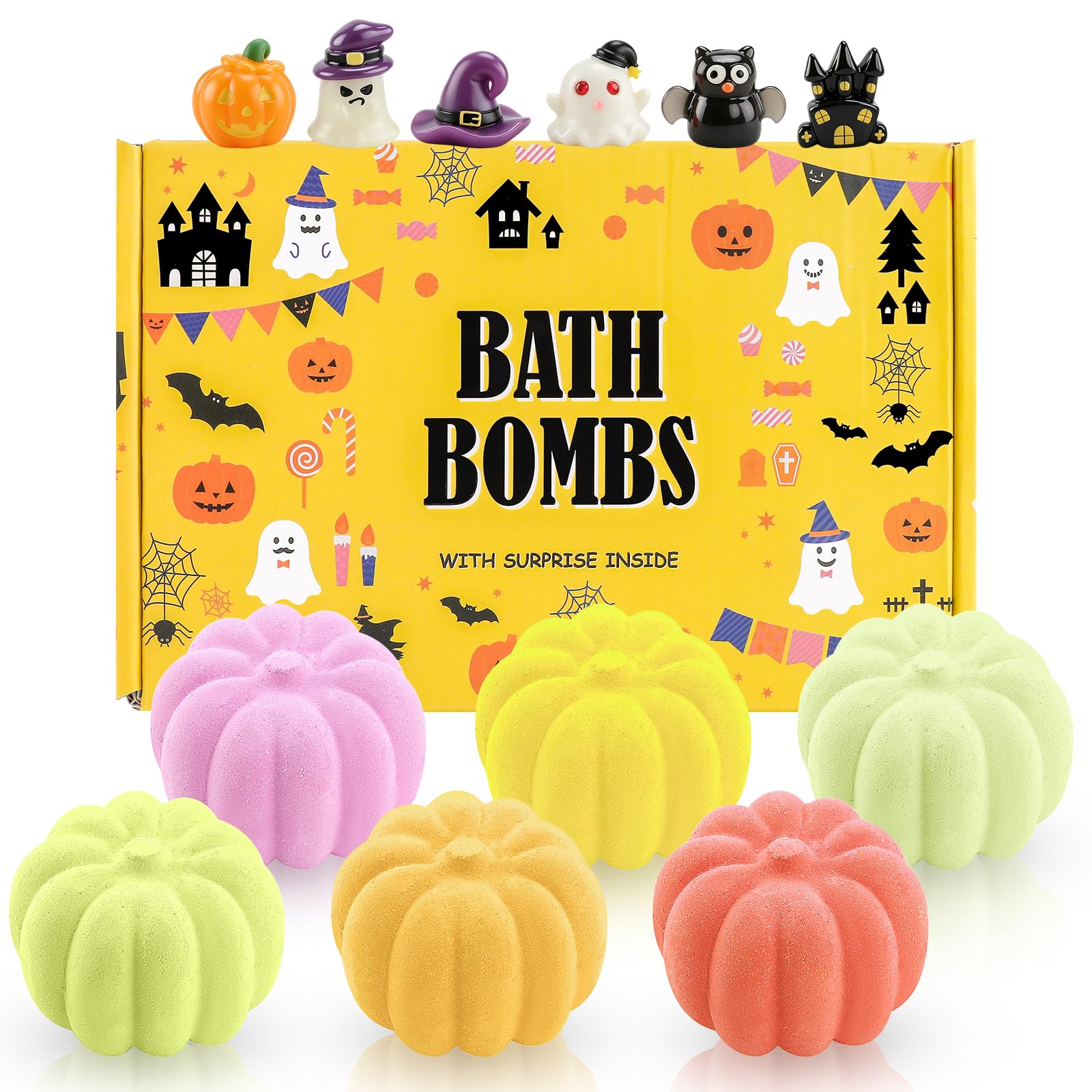 Bombas de baño de Halloween con juguetes sorpresa | 6 bombas de baño con forma de calabaza, fórmula con sales de baño, sorpresa de baño para Halloween