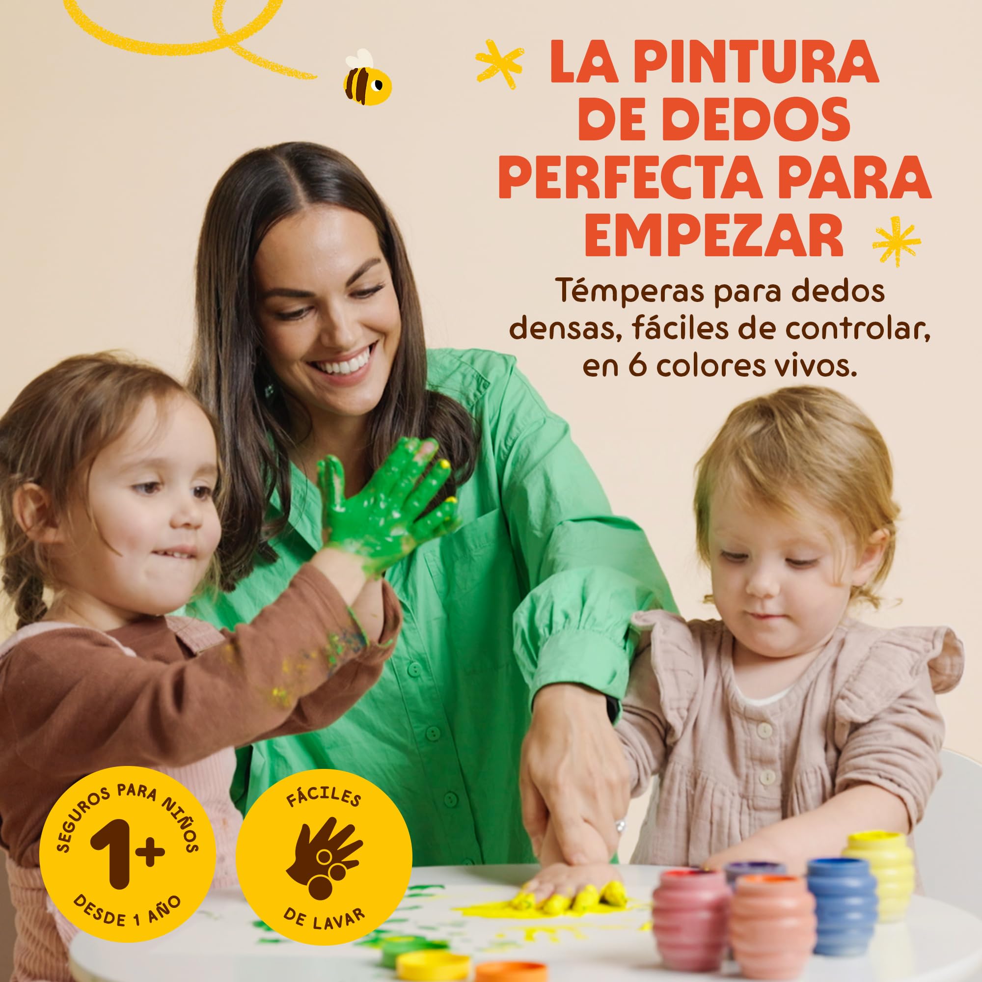 Honeysticks Pintura de Dedos para Niños y Bebés No Tóxica – Pinturas para Bebés y Niños de 1 a 5 Años a Base de Agua en 6 Colores Vivos - Seguras y Lavables de la Piel – Ecológica