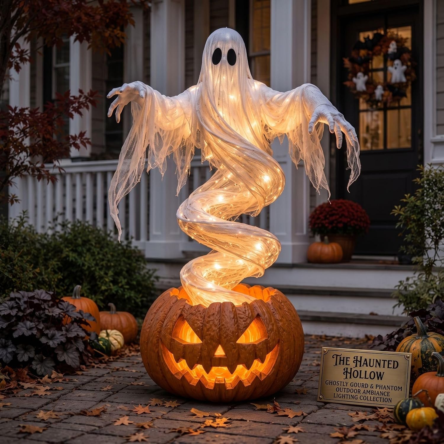 Swirling Ghost Pumpkin Yard Lamp, Spooky Halloween Outdoor Decoration, Lighted Garden Stake, Vintage Design, Unique Halloween Fusion, Cute Holiday Decor, for Porch Tree Party