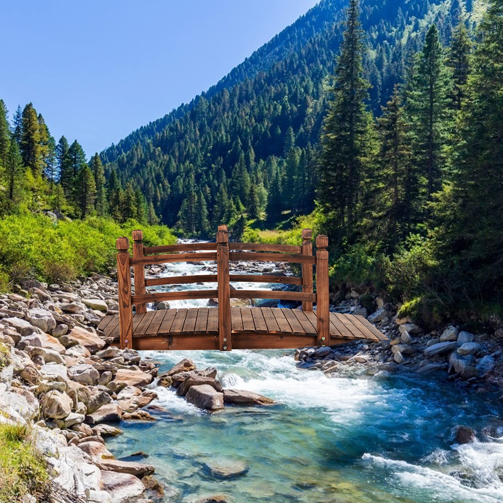 GOPLUS Pont en Bois Rustique et Massif avec Main Courante, Décoration de Jardin Pont d'Étang, Supporte de Poids Maximum 100 KG, 150 x 67 x 55CM (Brun)