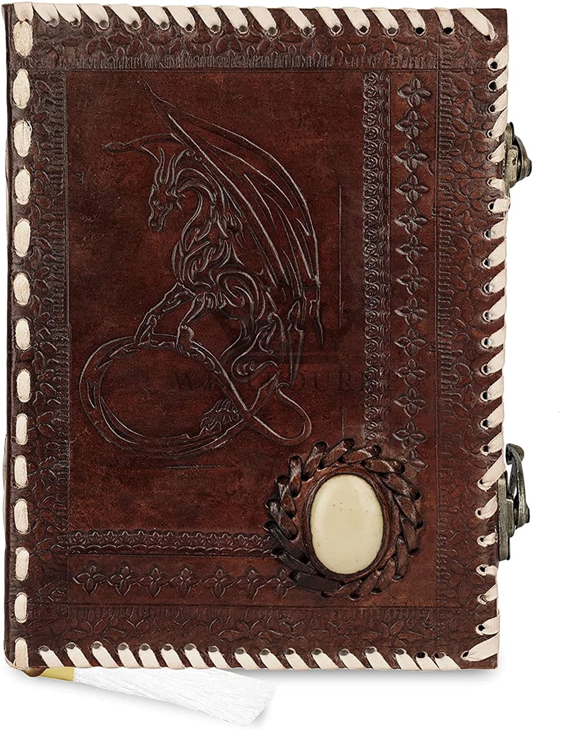 Wellbourne Real Leather Journal - A6 Embossed Moon Dragon with Gem Stone Vintage Lock Closure Personal Self Care Travel Weekend Daily Planner Hardcover Unlined Blank Pages Notebook-Brown