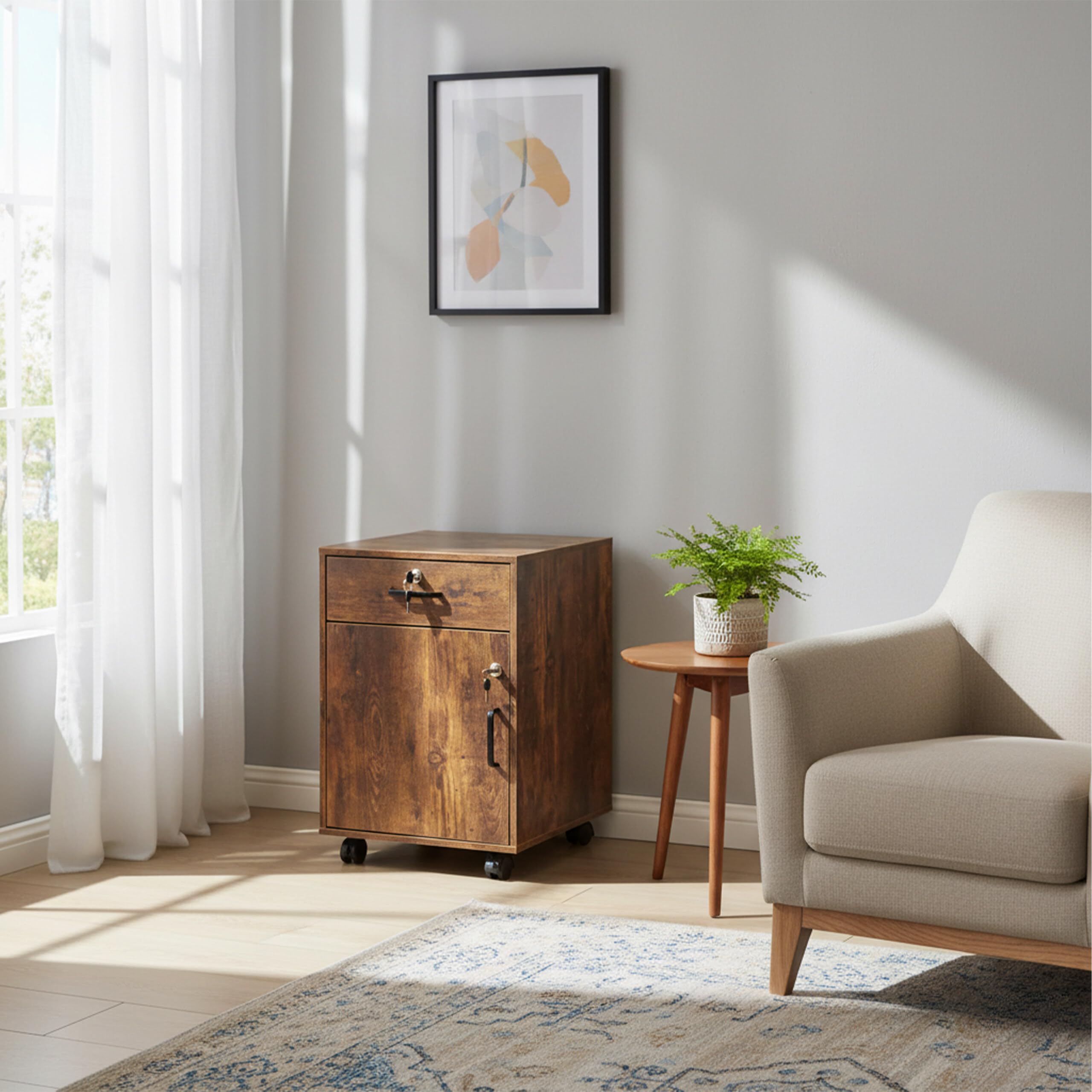Relaxdays Rollcontainer Marrone Vintage con cassetto, Anta, Serratura, HBT 57x40x40 cm